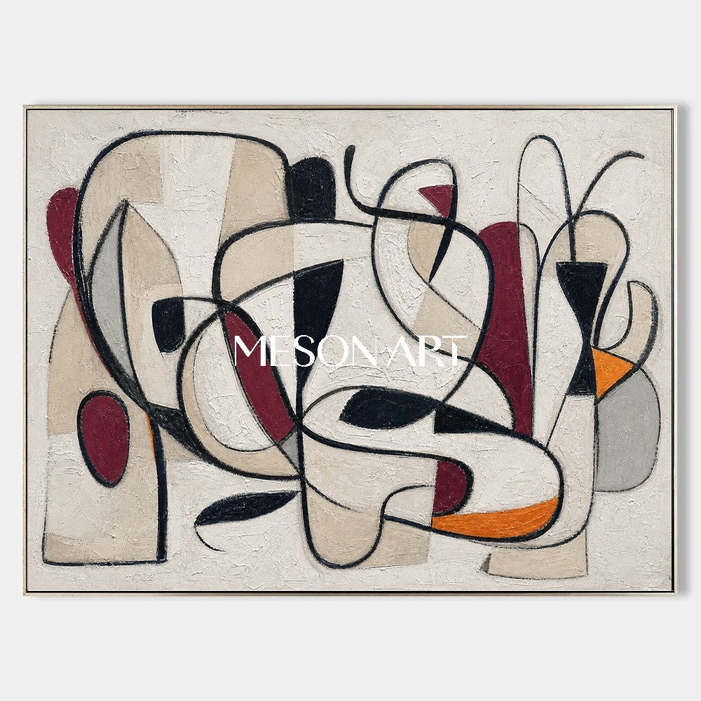 Abstract Horizontal Wall Art With Neutral Beige And Black Lines For Modern Living Room Decor