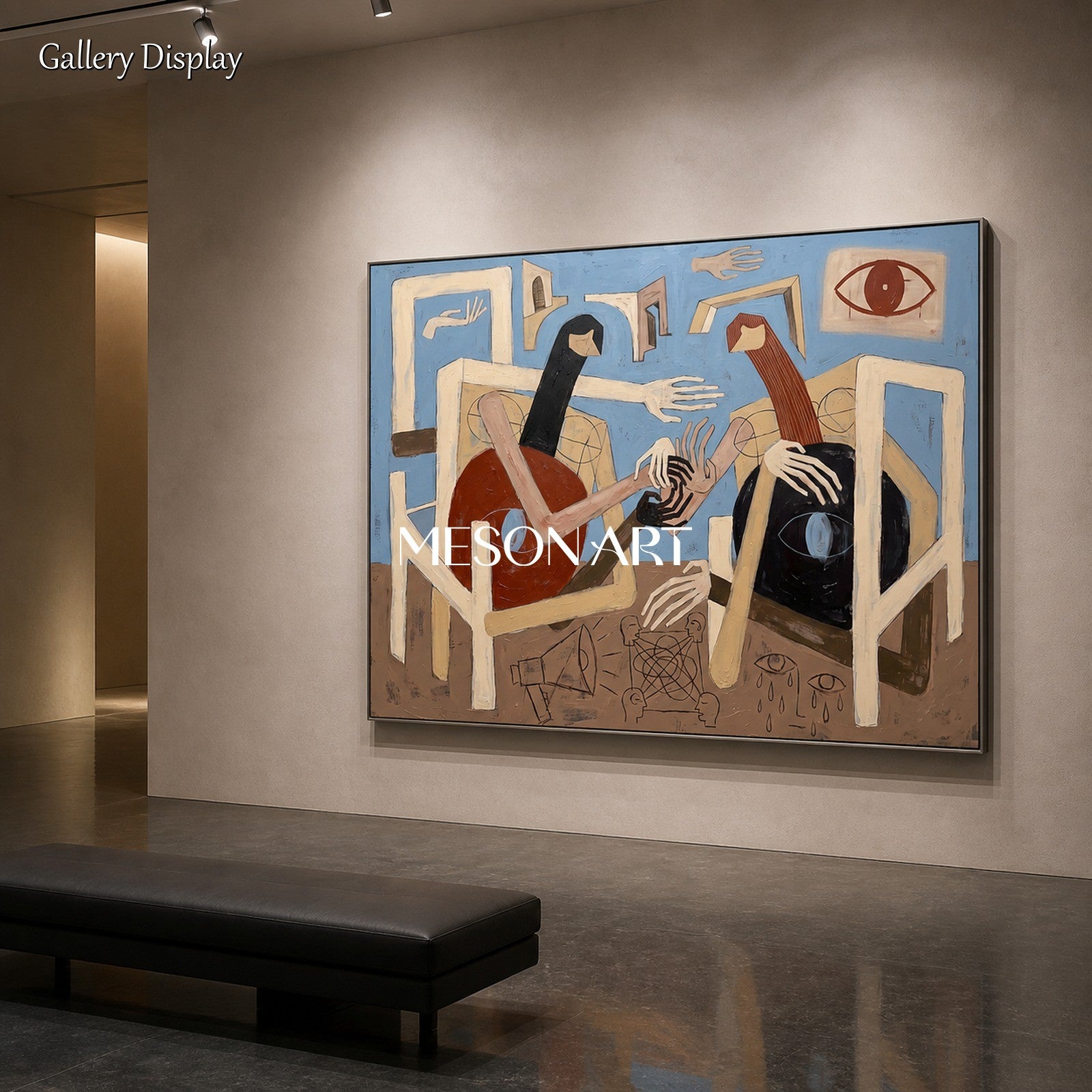 Blue And Brown Abstract Expressionist Figurative Painting Rectangular Wall Art For Living Room By Mesonart