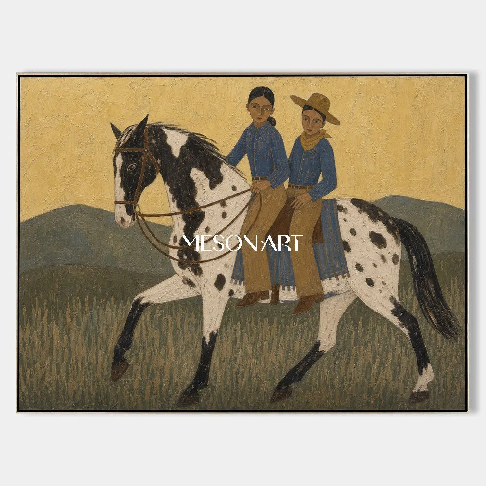 Contemporary Equestrian Painting With Minimalist Horse Riders For Living Room Decor