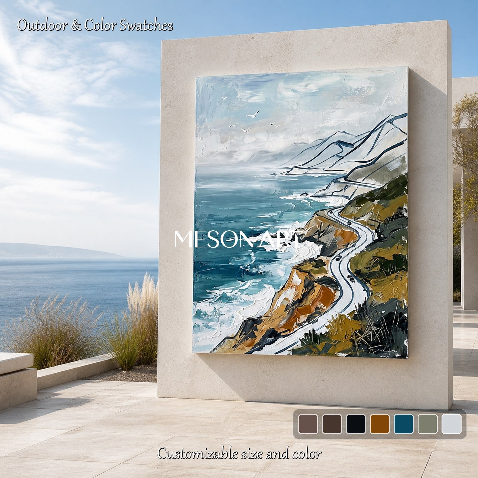 Blue And White Landscape Painting Modern Coastal Mountain Art Rectangular Wall Decor Original Artist By Mesonart
