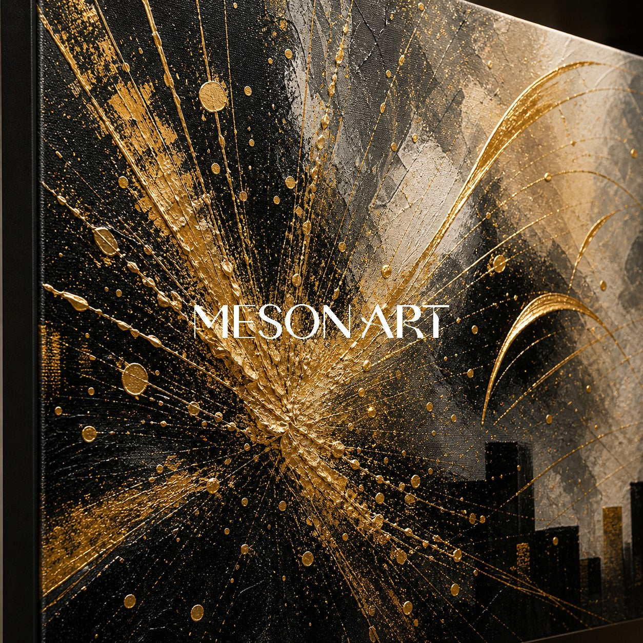 Abstract Black Gold City Painting With Metallic Texture For Modern Living Room Decor
