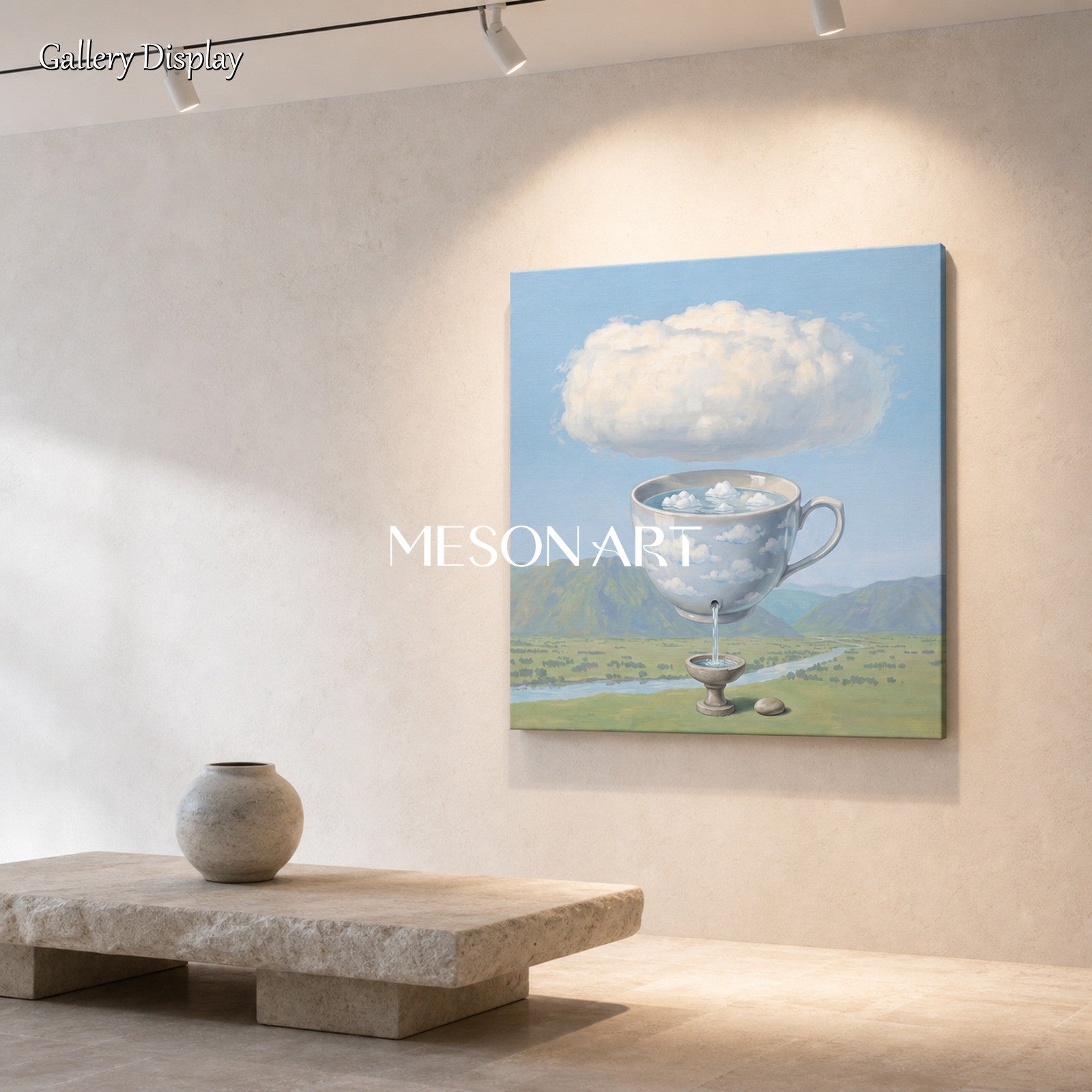 Surrealist Landscape Painting With Giant Cup Pouring Clouds For Modern Home Decor