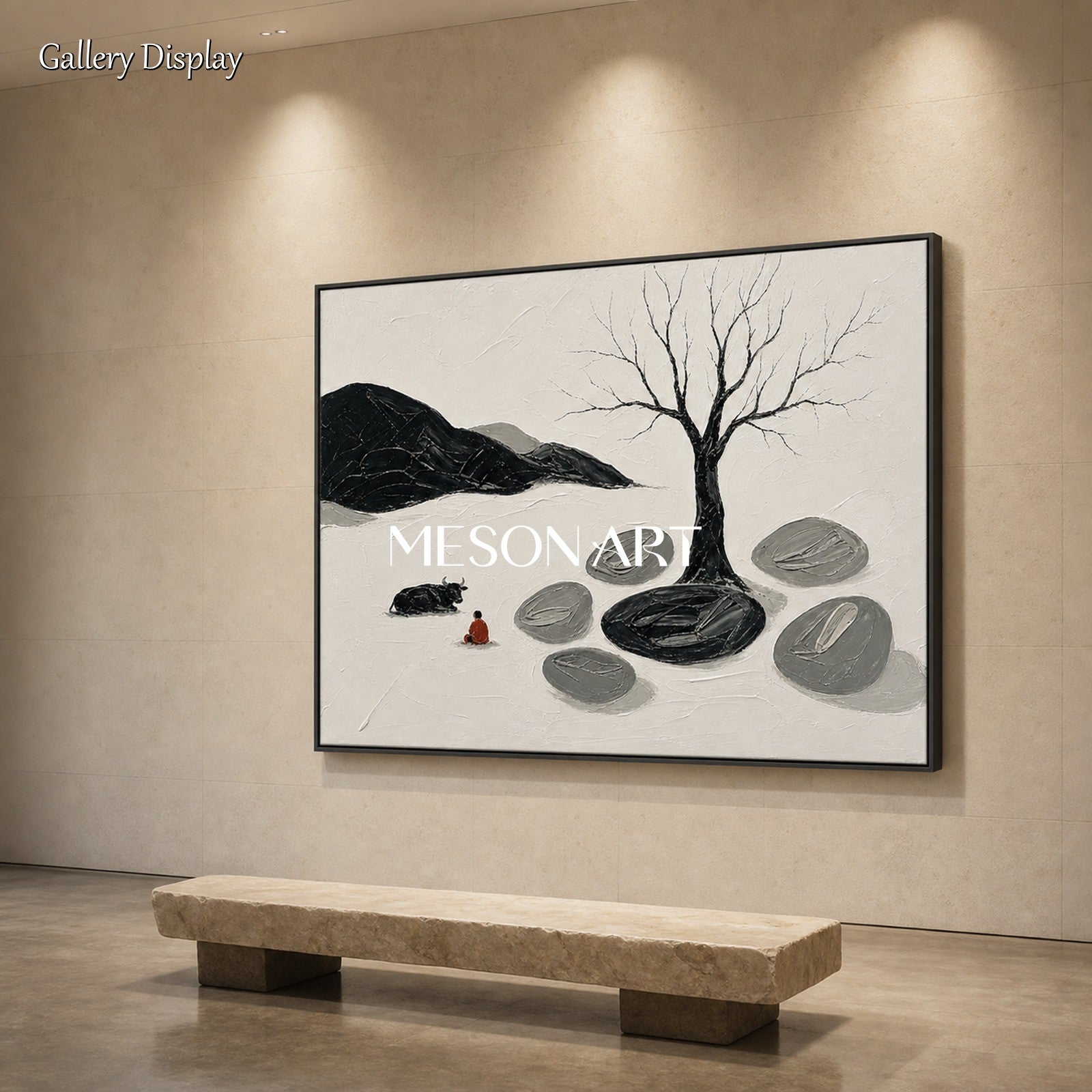 Minimalist Zen Art Painting With Tree And Figure For Modern Living Room Decor