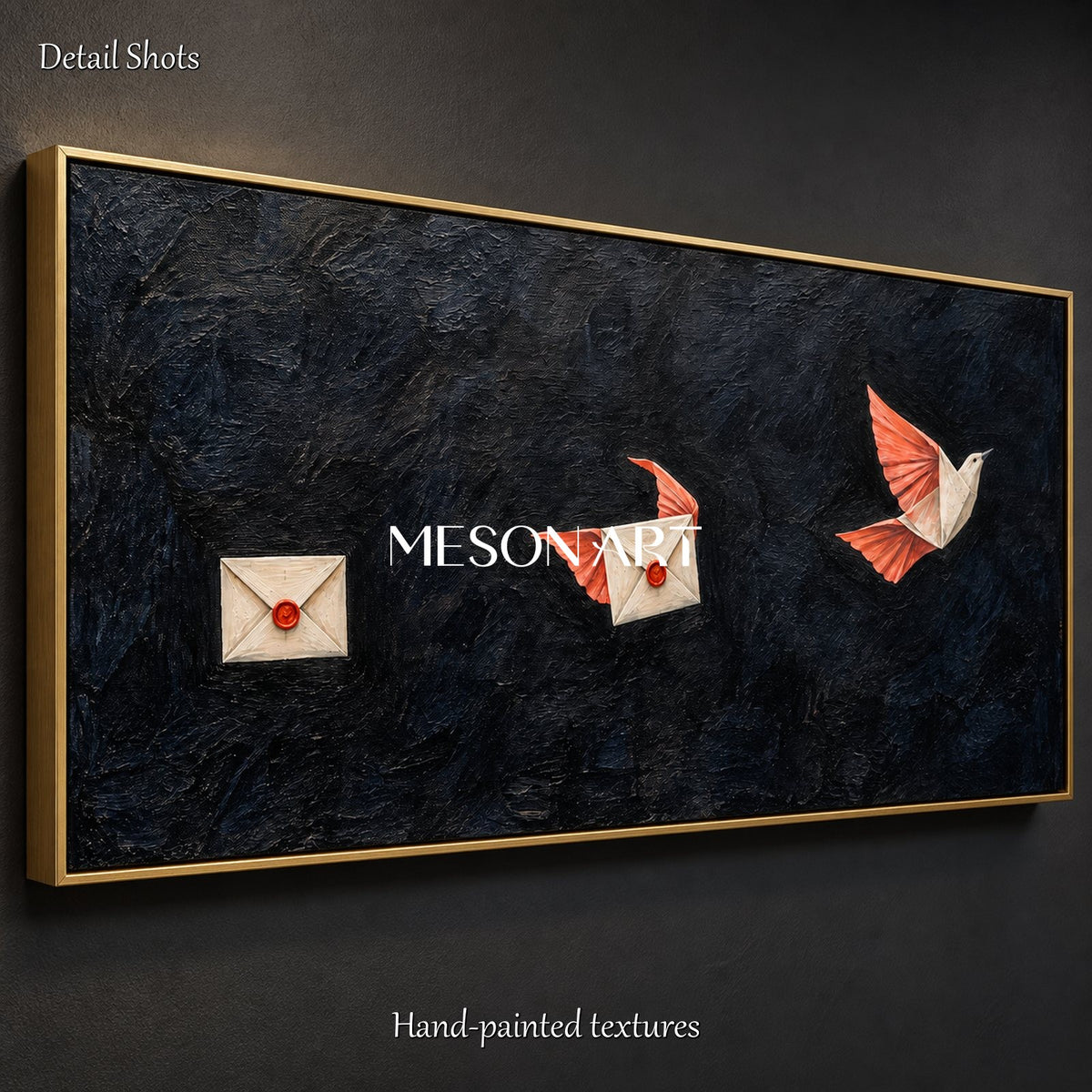 Black And Red Surrealist Painting Of Pigeons Panoramic Wall Art Original Artist By Mesonart