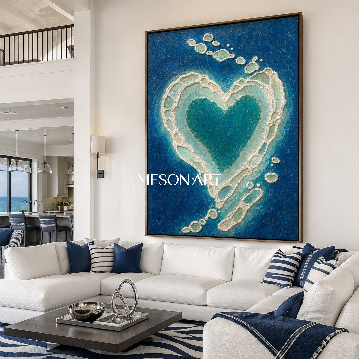 Turquoise Heart Abstract Painting With Plaster Texture For Romantic Bedroom Wall Art