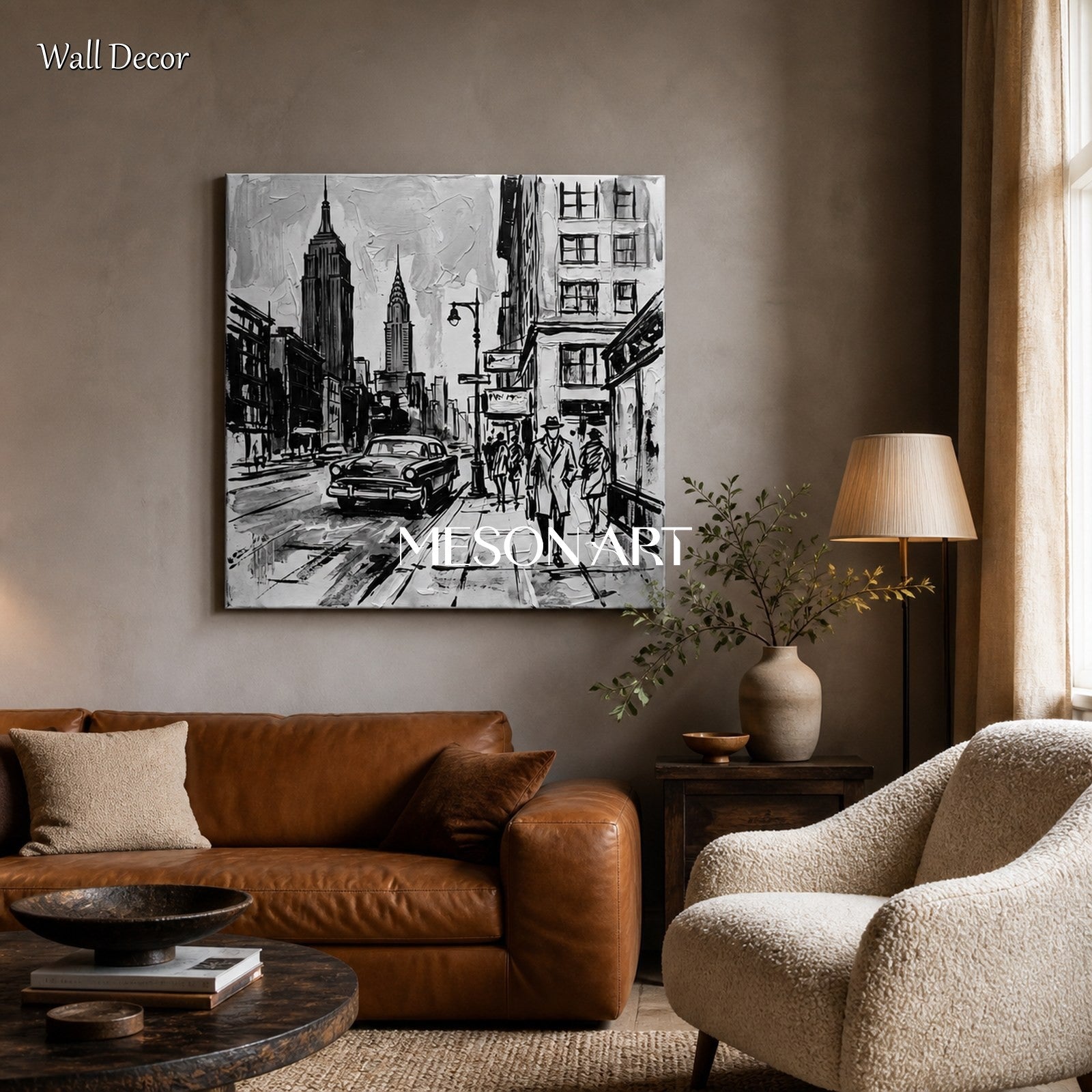 Black And White New York City Urban Sketch Contemporary Wall Art Square Original Artist By Mesonart