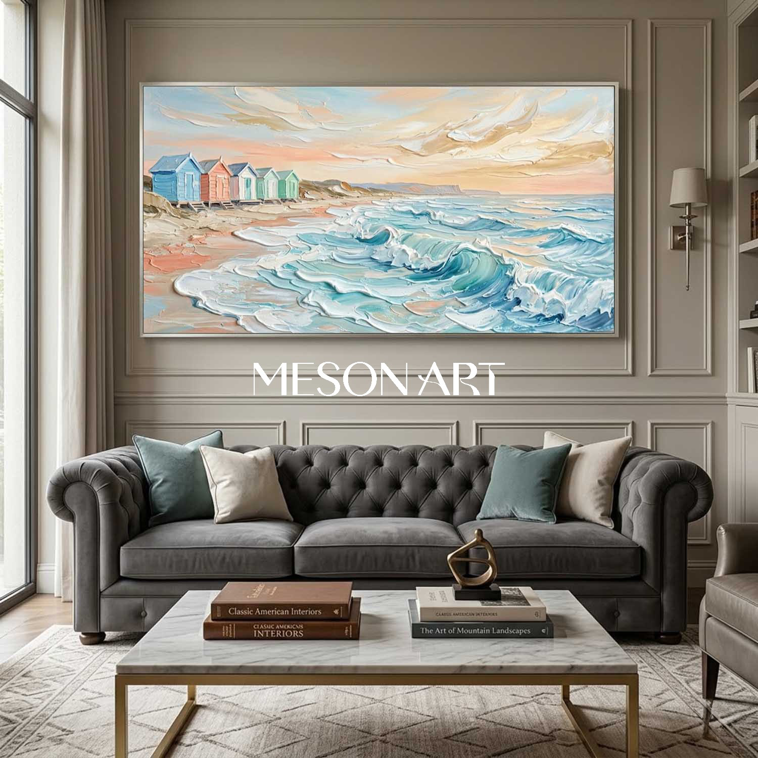 Dreamy Pastel Beach Cottages Seascape Oil Painting For Coastal Living Room Decor