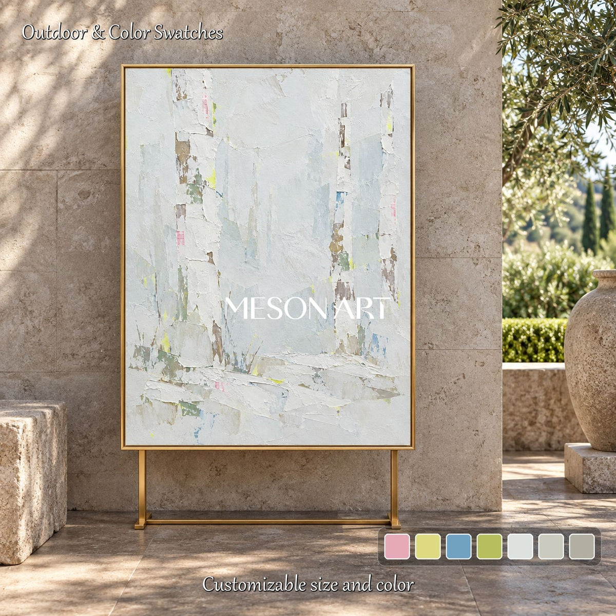 White And Beige Abstract Landscape Painting Organic Modern Art Rectangular Wall Decor By Mesonart