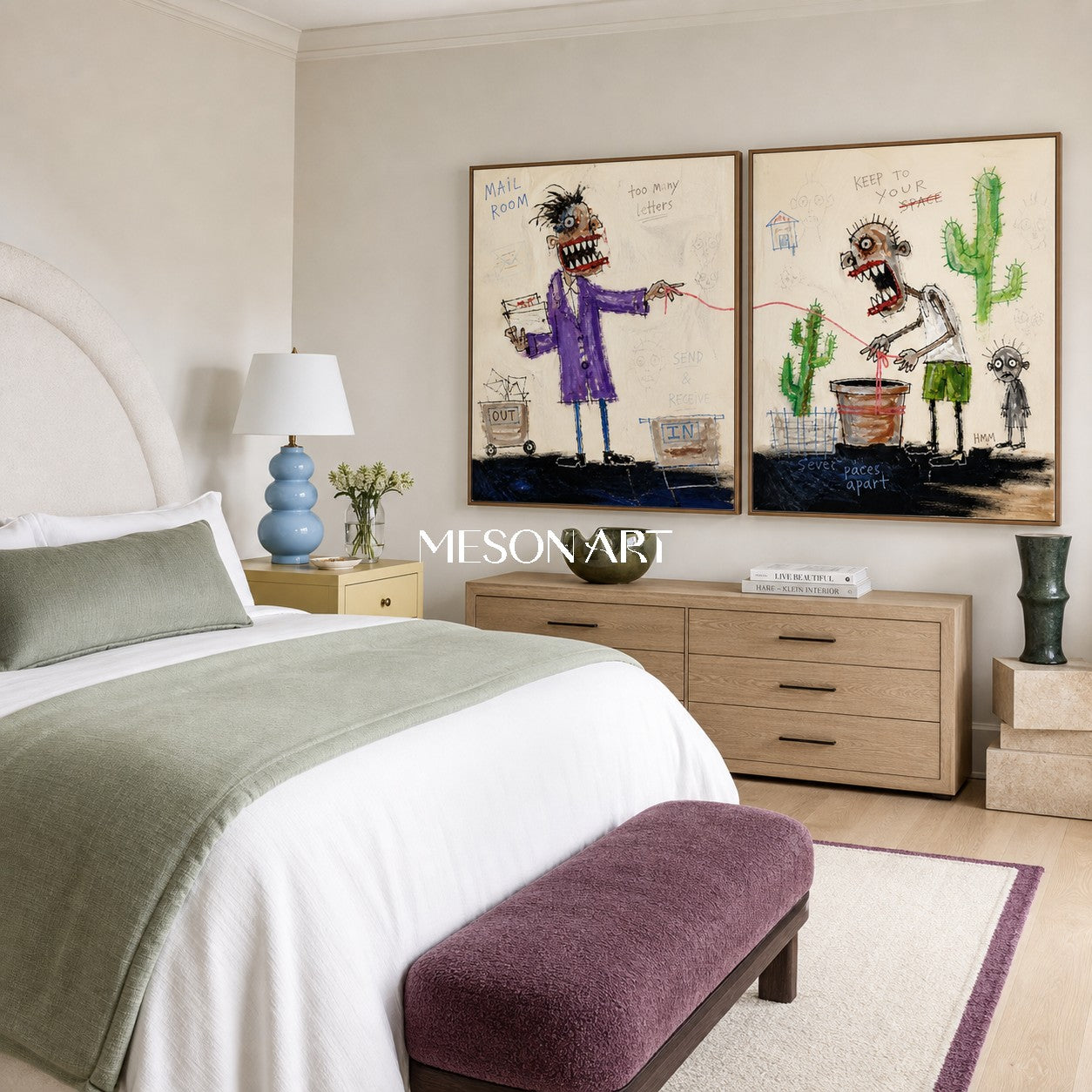 Beige And Purple Graffiti Figurative Cartoon Narrative Art Rectangular Wall Decor For Living Room By Mesonart