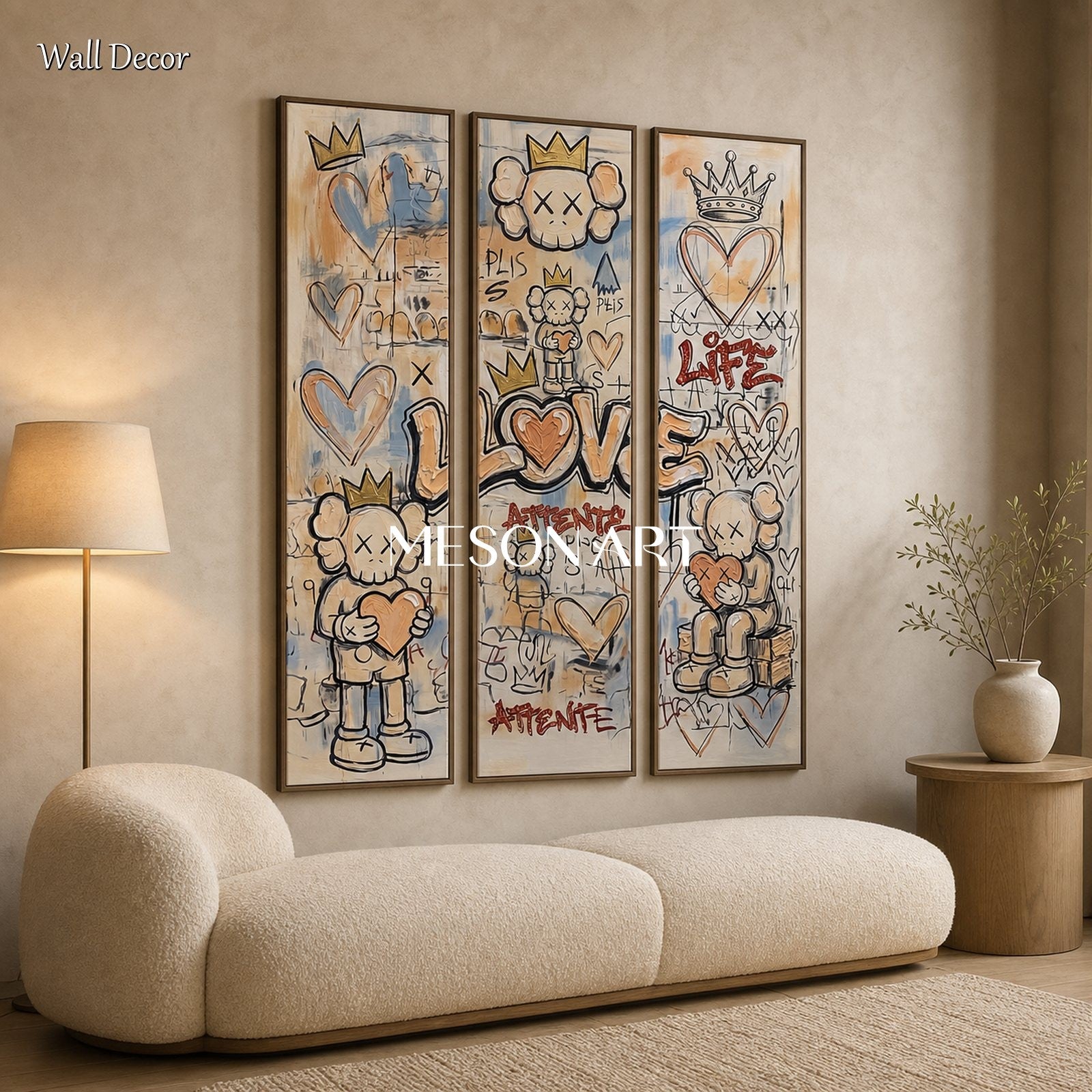 Original Graffiti Triptych With Kaws Inspired Icons For Modern Living Room Decor