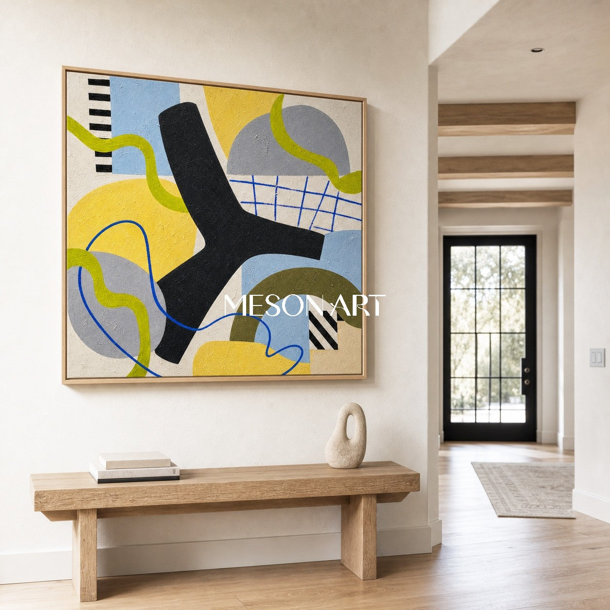 Colorful Abstract Geometric Art With Yellow And Blue For Modern Living Room Decor