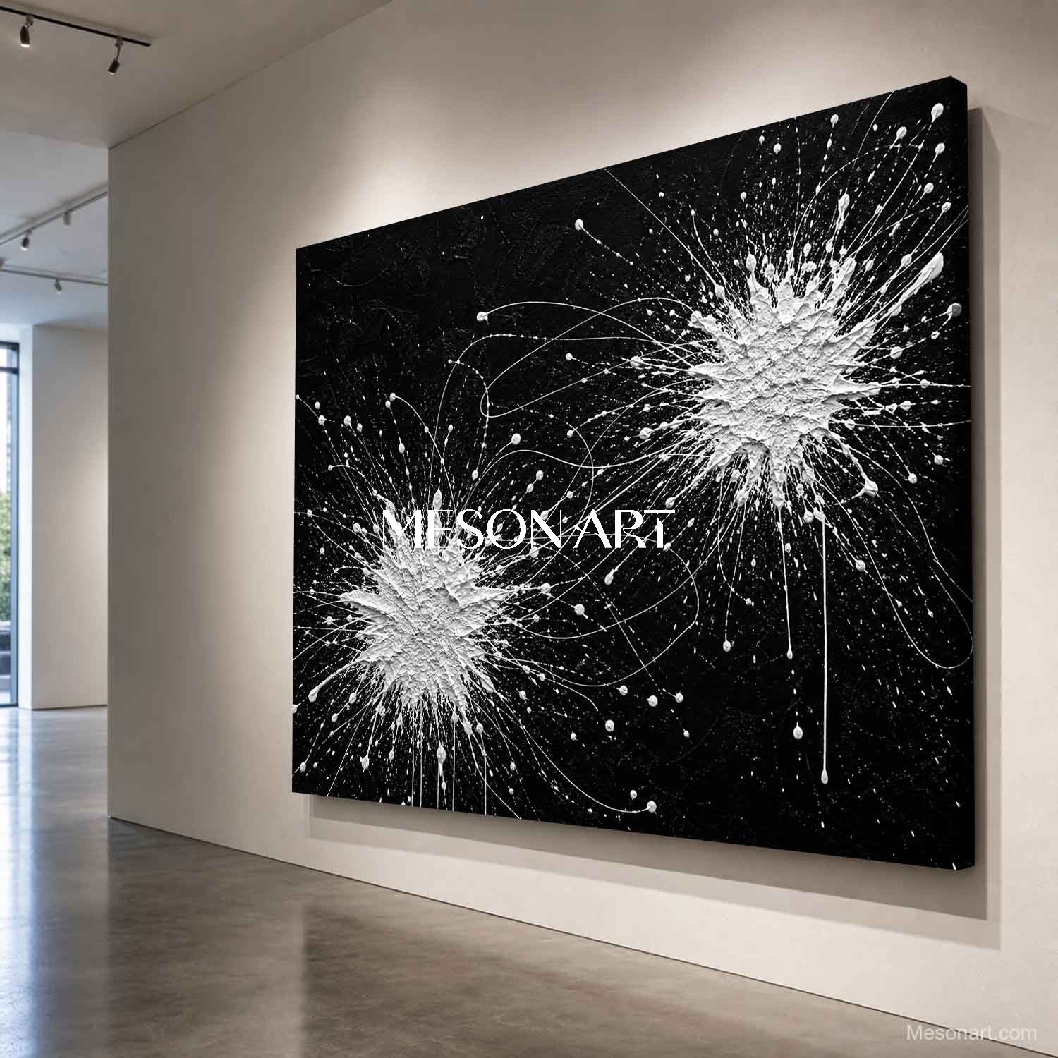 Original Black And White Pollock Style Abstract Painting With Textured Relief For Modern Living Room