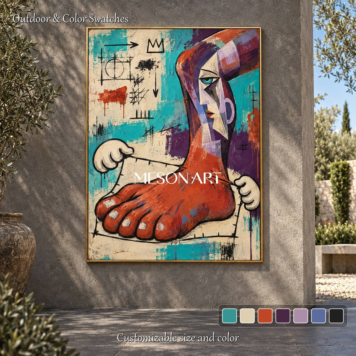 Red And Blue Neo Expressionist Graffiti Art Painting Textured Canvas Wall Decor For Living Room By Mesonart