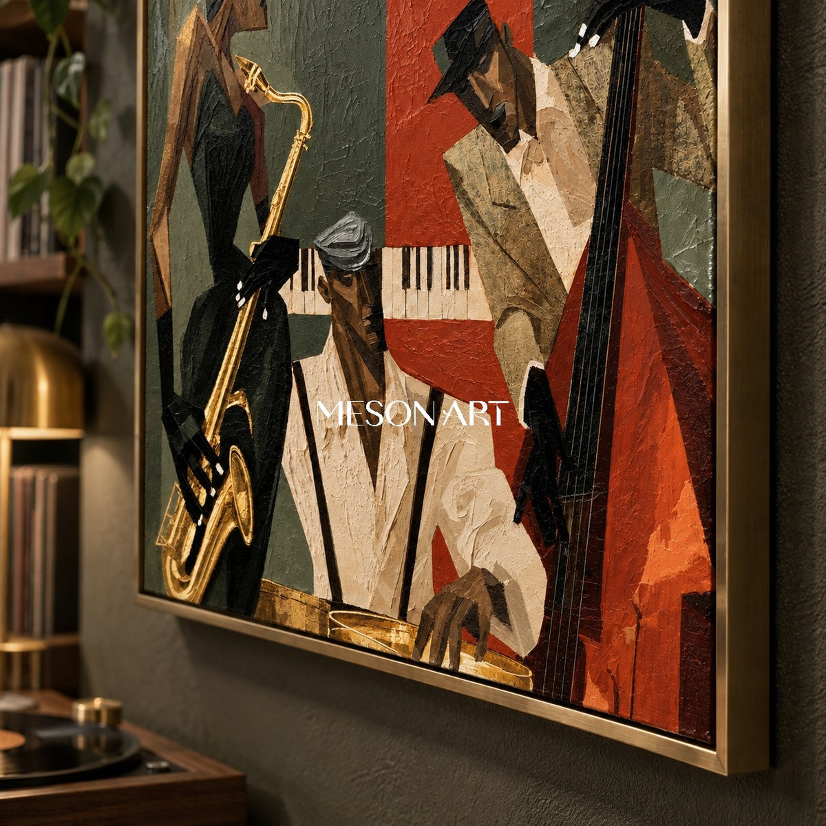 Gold And Black Pop Art Jazz Painting With Saxophone Geometric Modern Textured Rectangular Wall Art By Mesonart