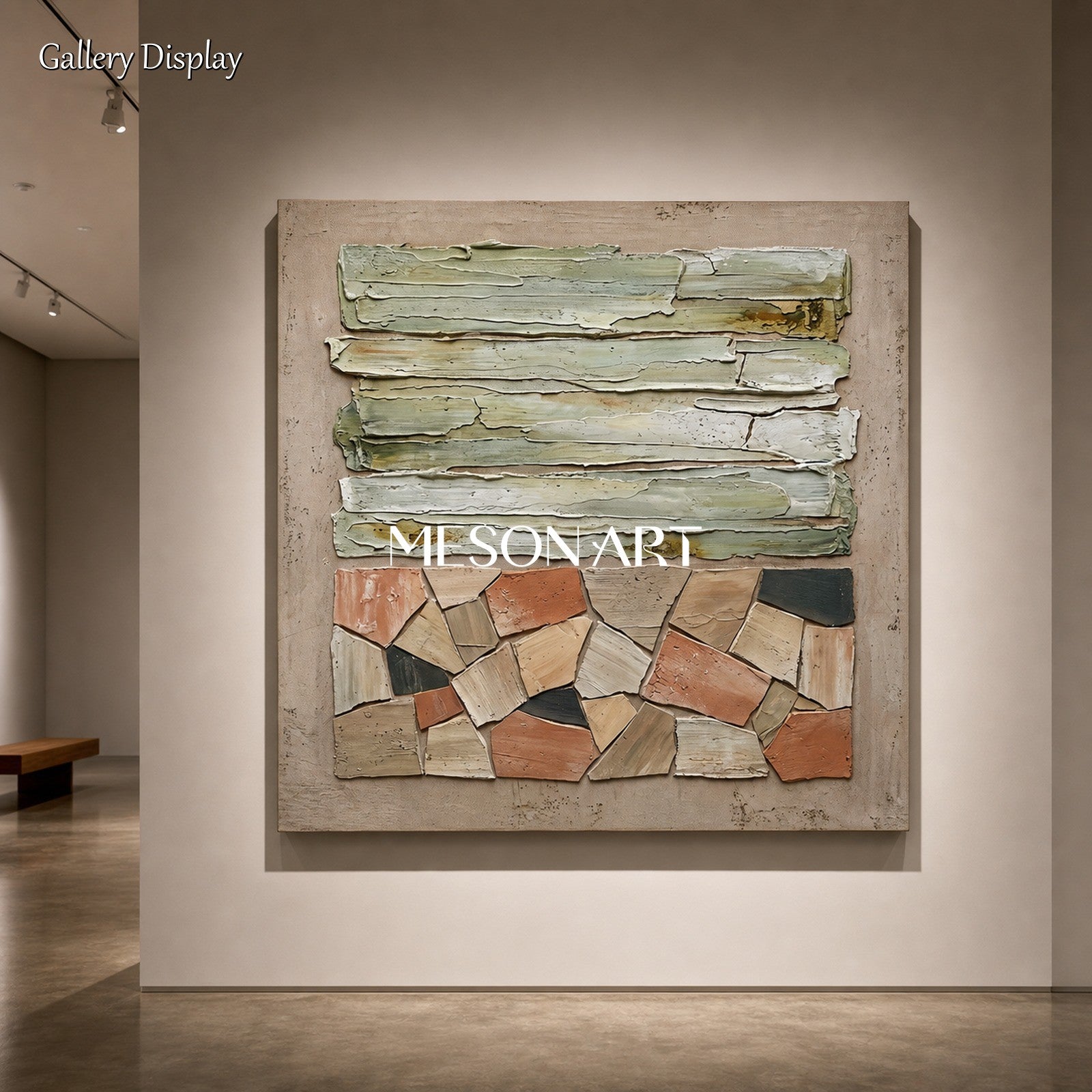 Natural Beige Plaster Texture Art With Gold Frame For Modern Living Room Decor