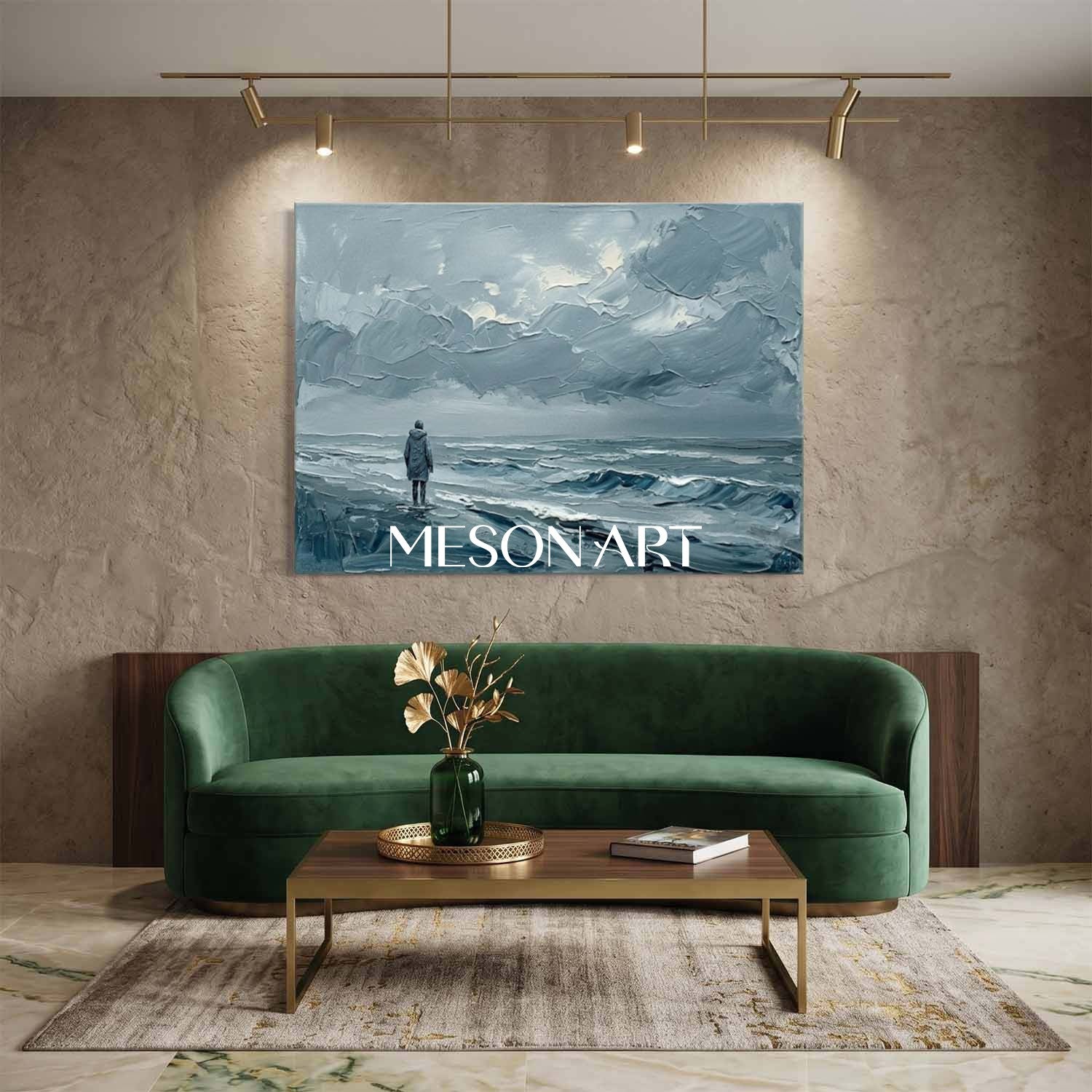 Minimalist Abstract Seascape Painting With Solitary Figure For Modern Living Room Decor