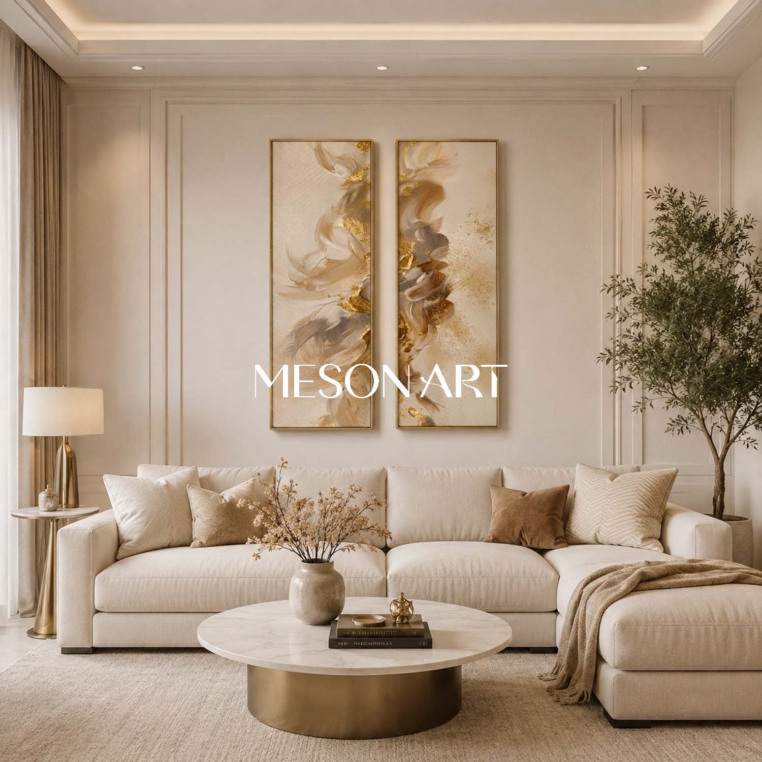 Large Gold Leaf Abstract Painting On Canvas For Modern Living Room Wall Decor