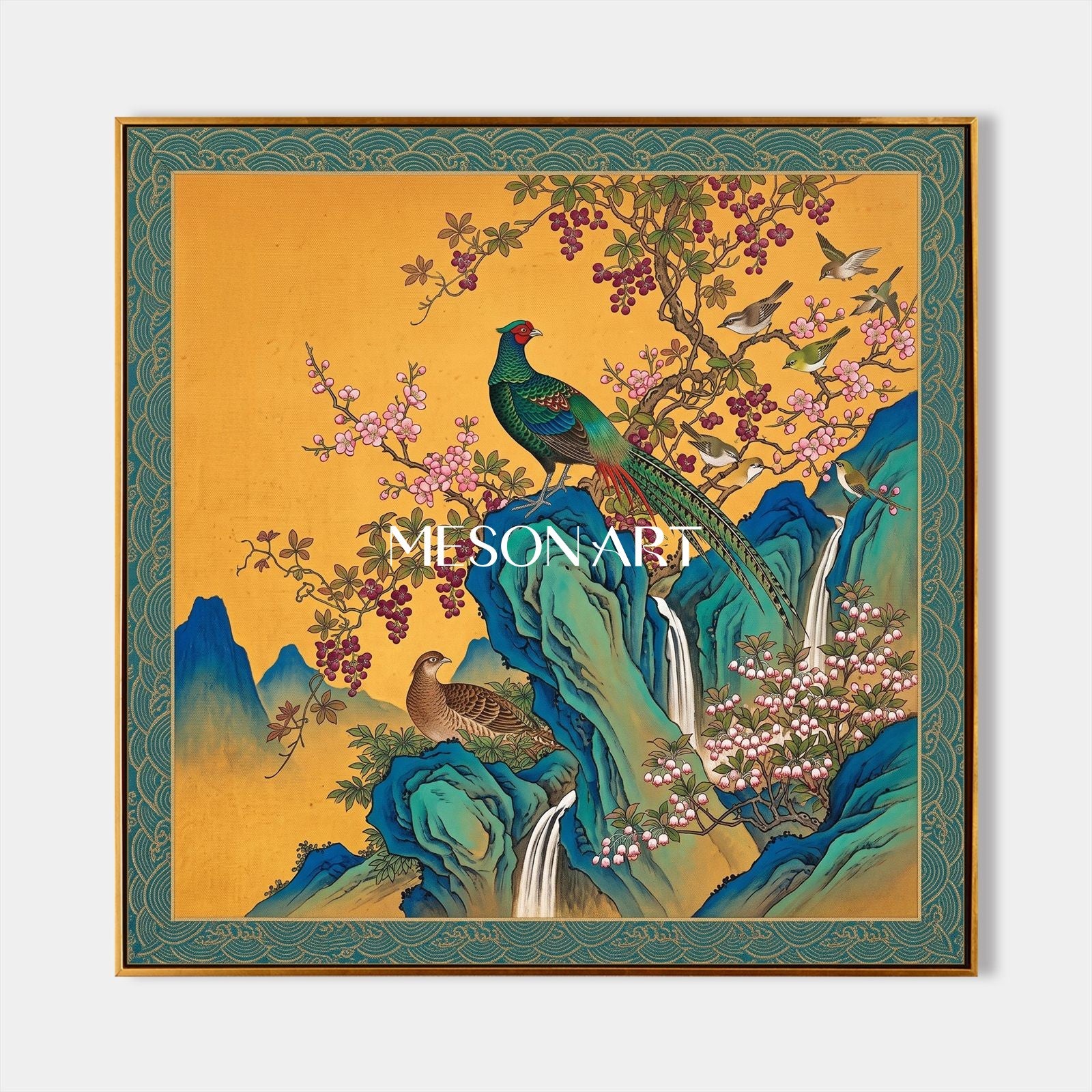 Gold And Blue Gongbi Bird And Blossom Painting Square Wall Art Original Chinese Style Artwork By Mesonart