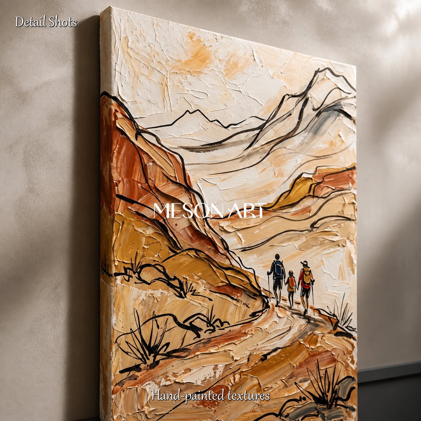 Beige And Brown Contemporary Hiking Landscape Panoramic Wall Art Original Artist Hand Painted Nature Adventure By Mesonart