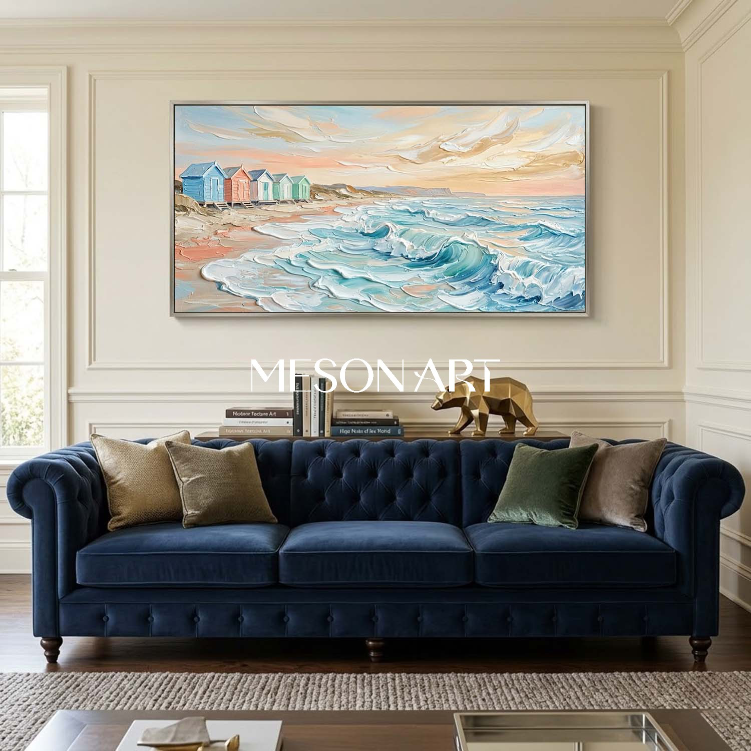 Dreamy Pastel Beach Cottages Seascape Oil Painting For Coastal Living Room Decor
