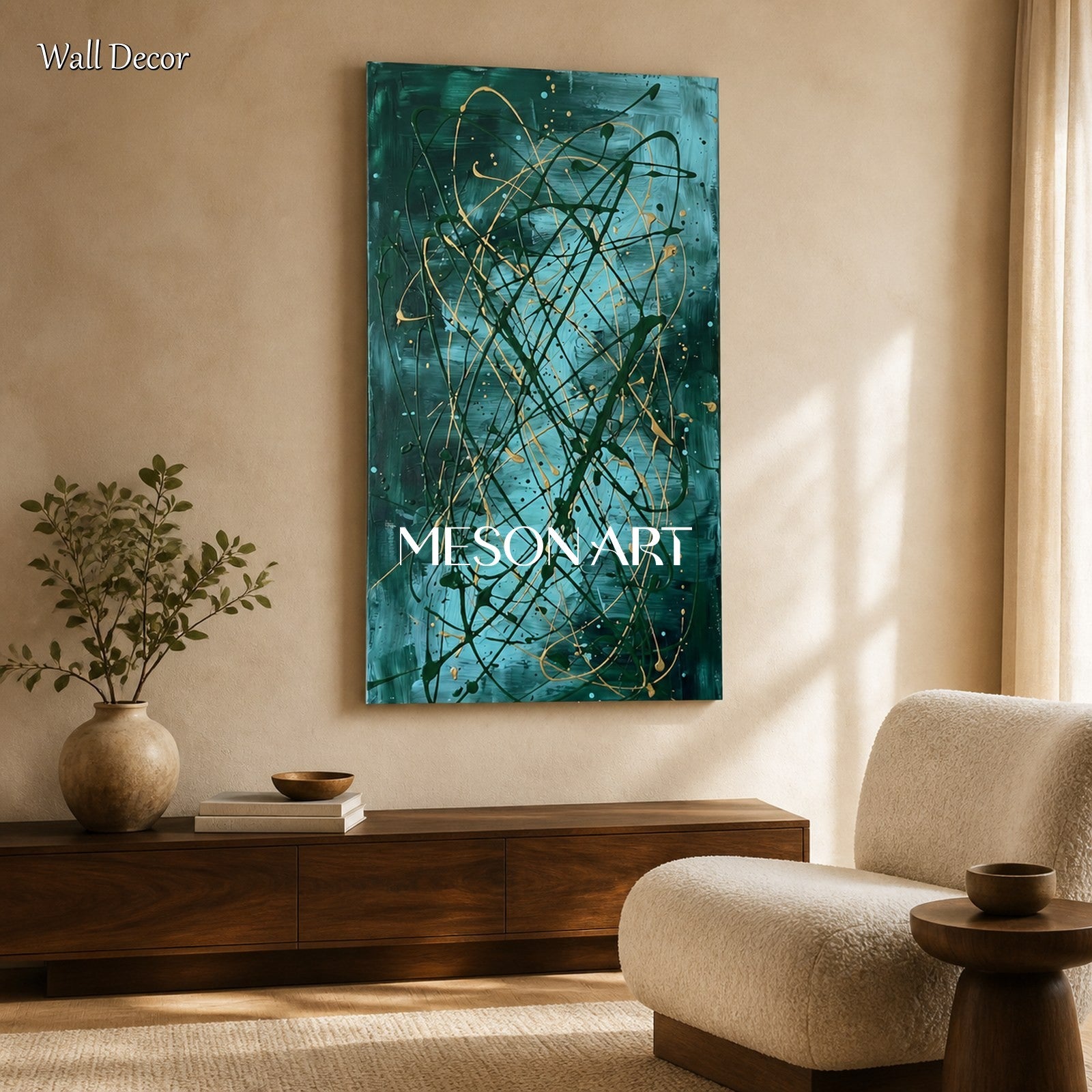 Green And Gold Jackson Pollock Inspired Abstract Expressionism Painting Panoramic Wall Art For Living Room By Mesonart