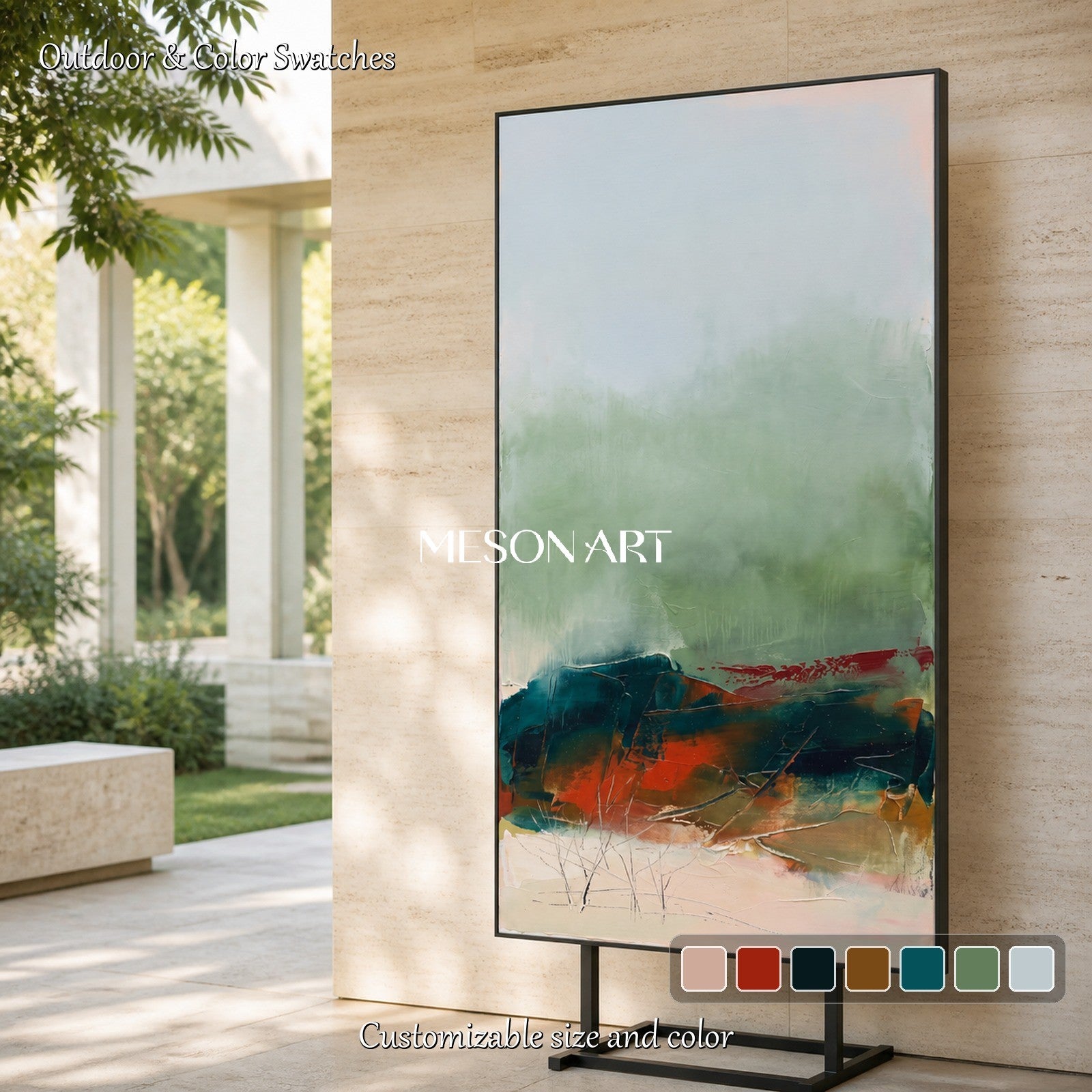 Green And Red Abstract Landscape Painting Contemporary Art Panoramic Wall Decor For Living Room By Mesonart