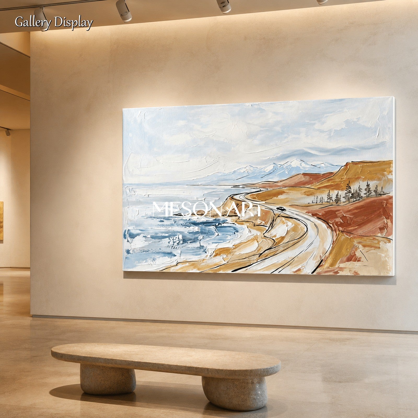 Blue And Brown Mountain Landscape Painting Modern Textured Art Rectangular Wall Decor For Living Room By Mesonart