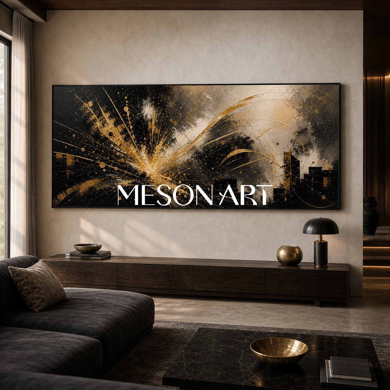 Abstract Black Gold City Painting With Metallic Texture For Modern Living Room Decor