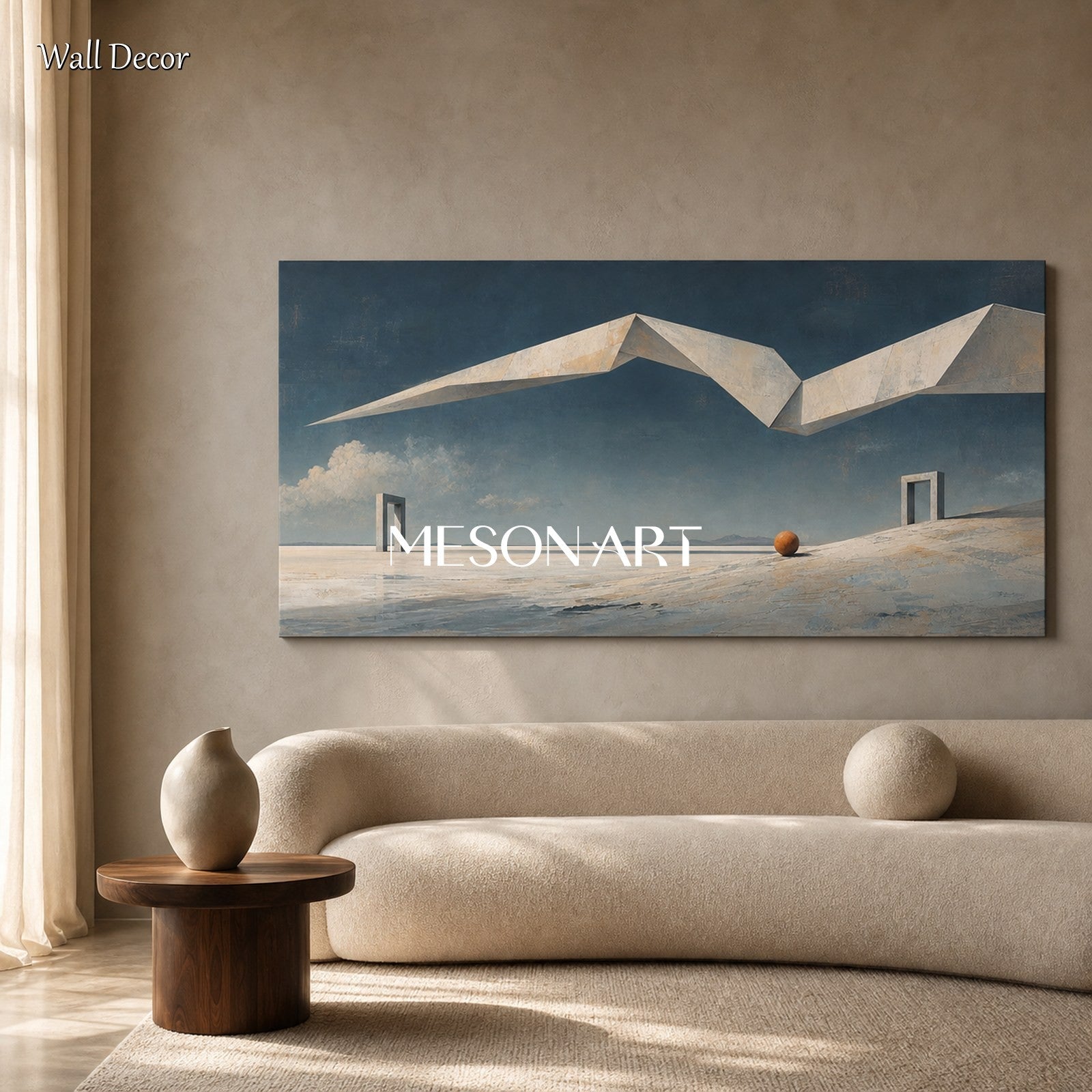 Surrealist Geometric Art Painting For Modern Living Room With Soft Blue Beige Tones