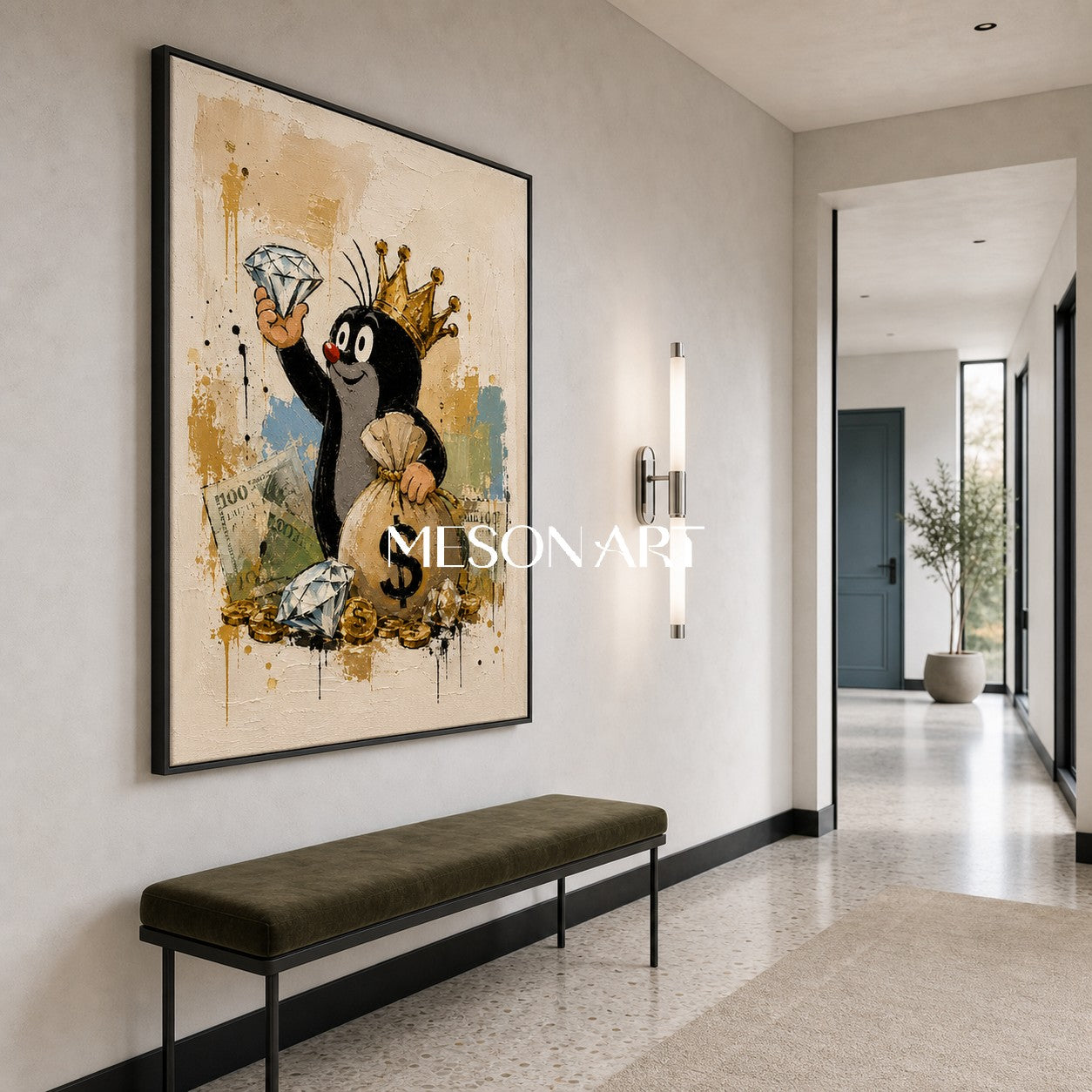 Crowned Mole Pop Art Painting With Gold Coins And Diamonds For Modern Living Room Decor
