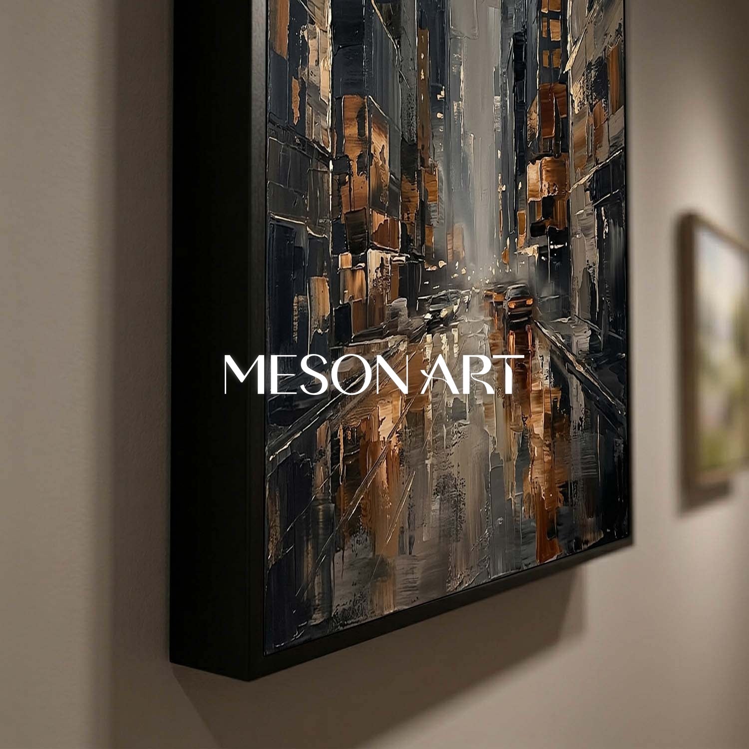 Abstract Cityscape Painting With Gold Accents For Modern Living Room And Office Decor