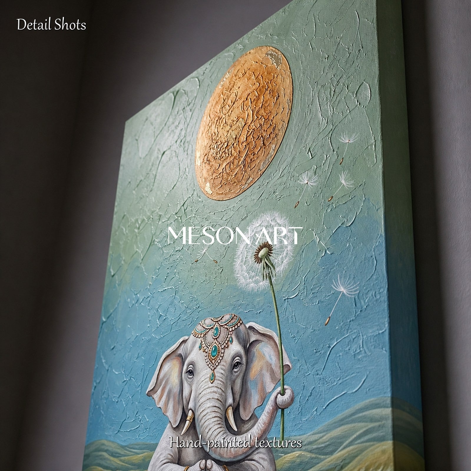 Green And Gold Surrealist Painting Yoga Elephant Original Artist Panoramic Wall Art For Living Room By Mesonart