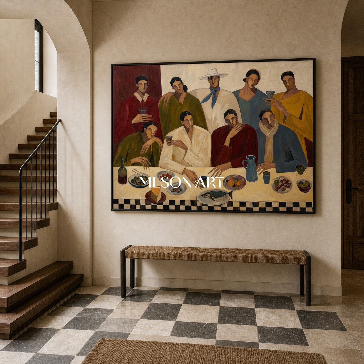 Modern Figurative Painting Of People Dining With Earthy Colors For Home