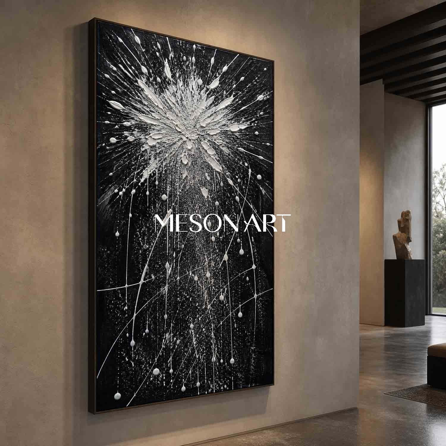 Large Black And White Abstract Painting With Textured Relief For Modern Living Room Decor