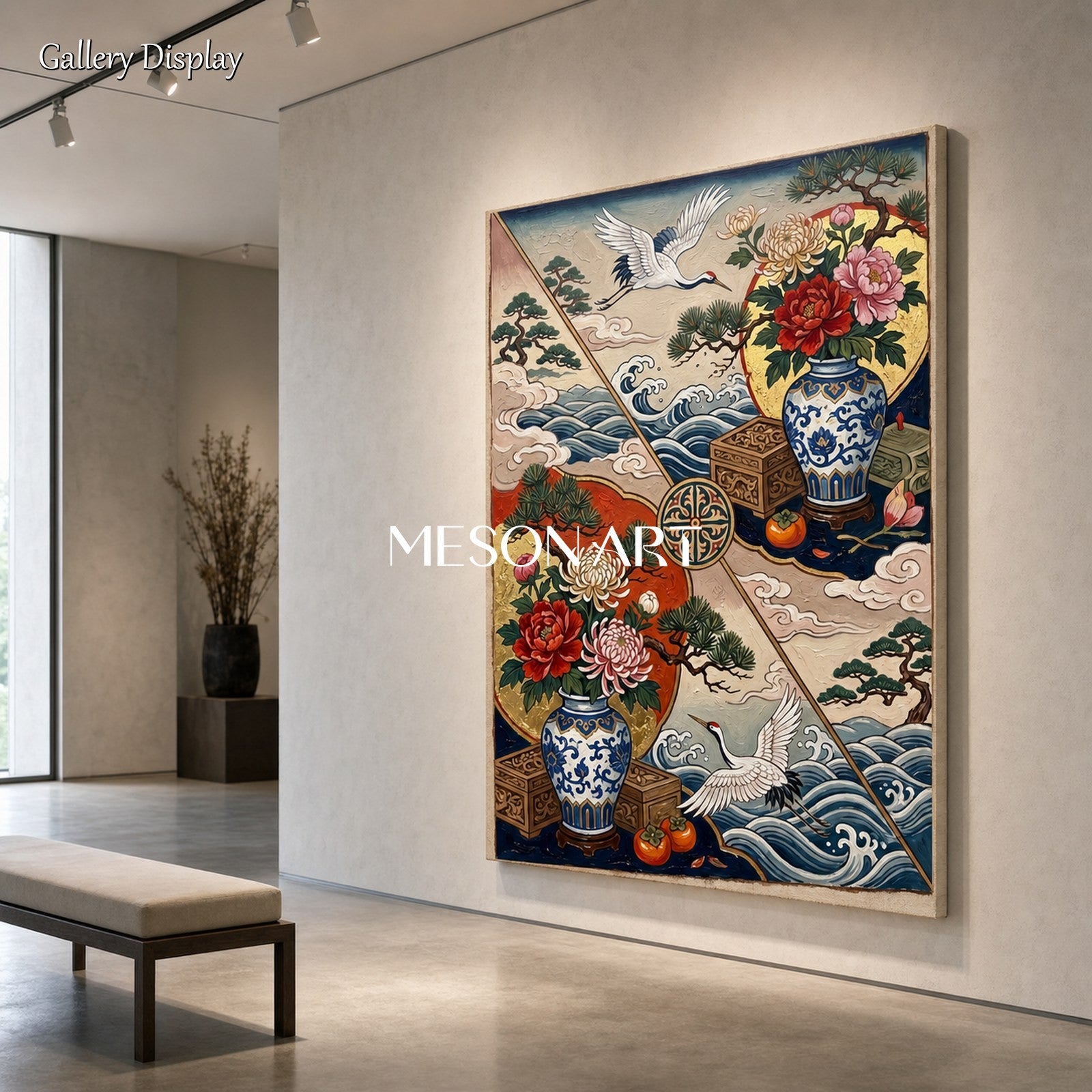 Luxury Chinoiserie Crane And Peony Wall Art With Gold Frame For Living Room Entryway Decor