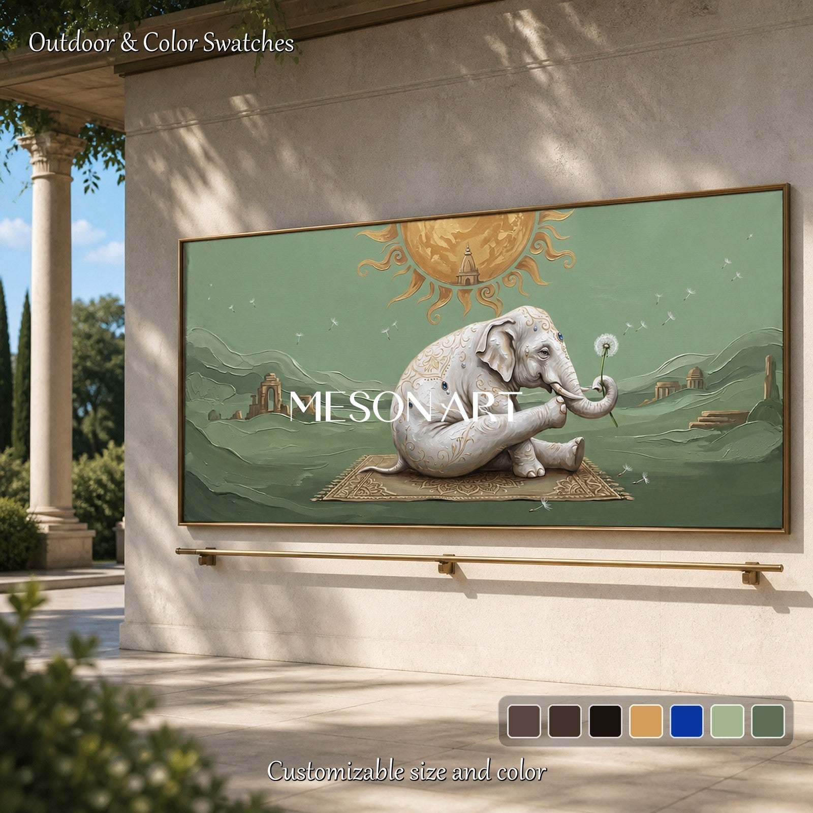 Green And Gold Surrealist Art Yoga Elephant Original Artist Panoramic Wall Decor For Living Room By Mesonart