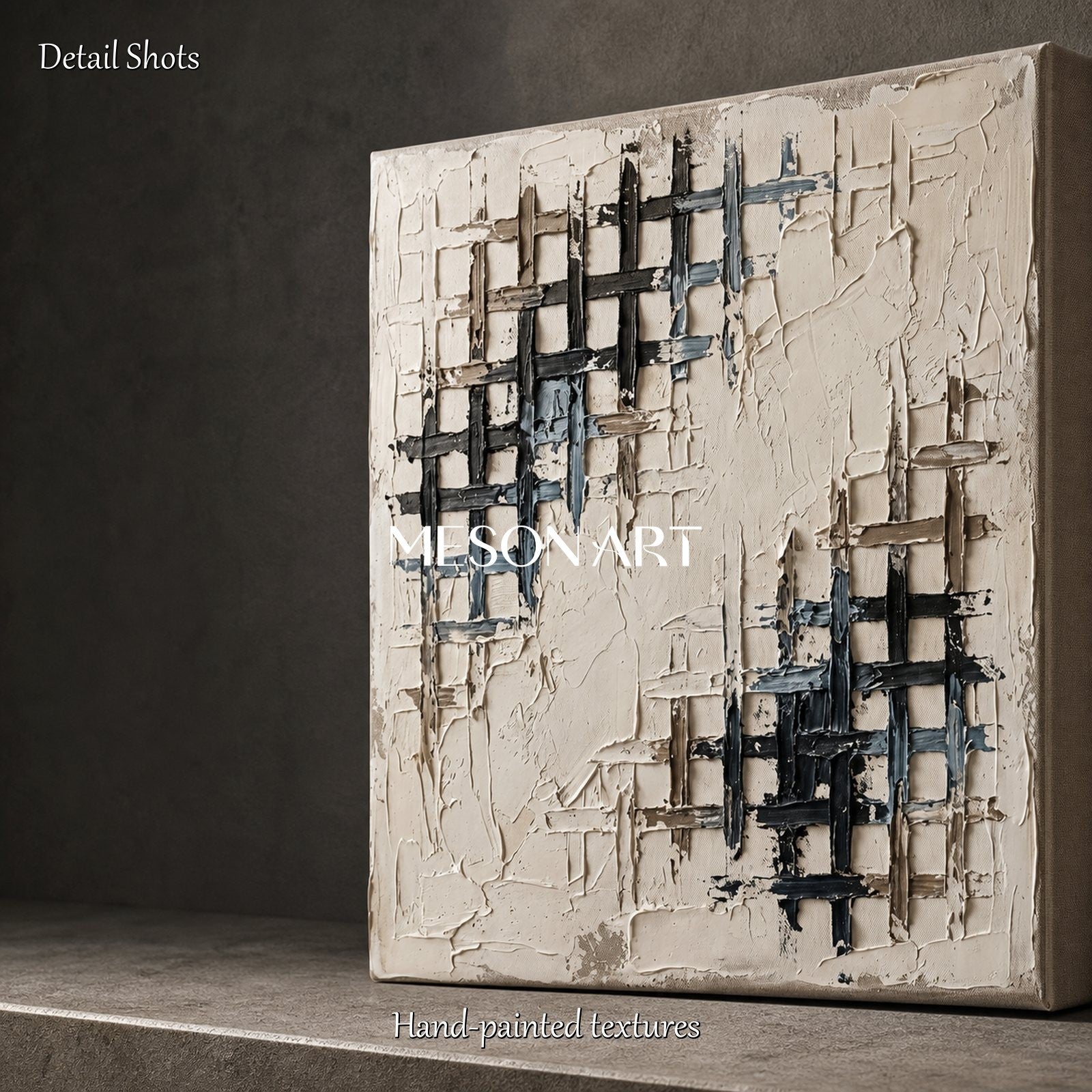 Minimalist Textured Abstract Art With Geometric Grid For Modern Living Room Decor