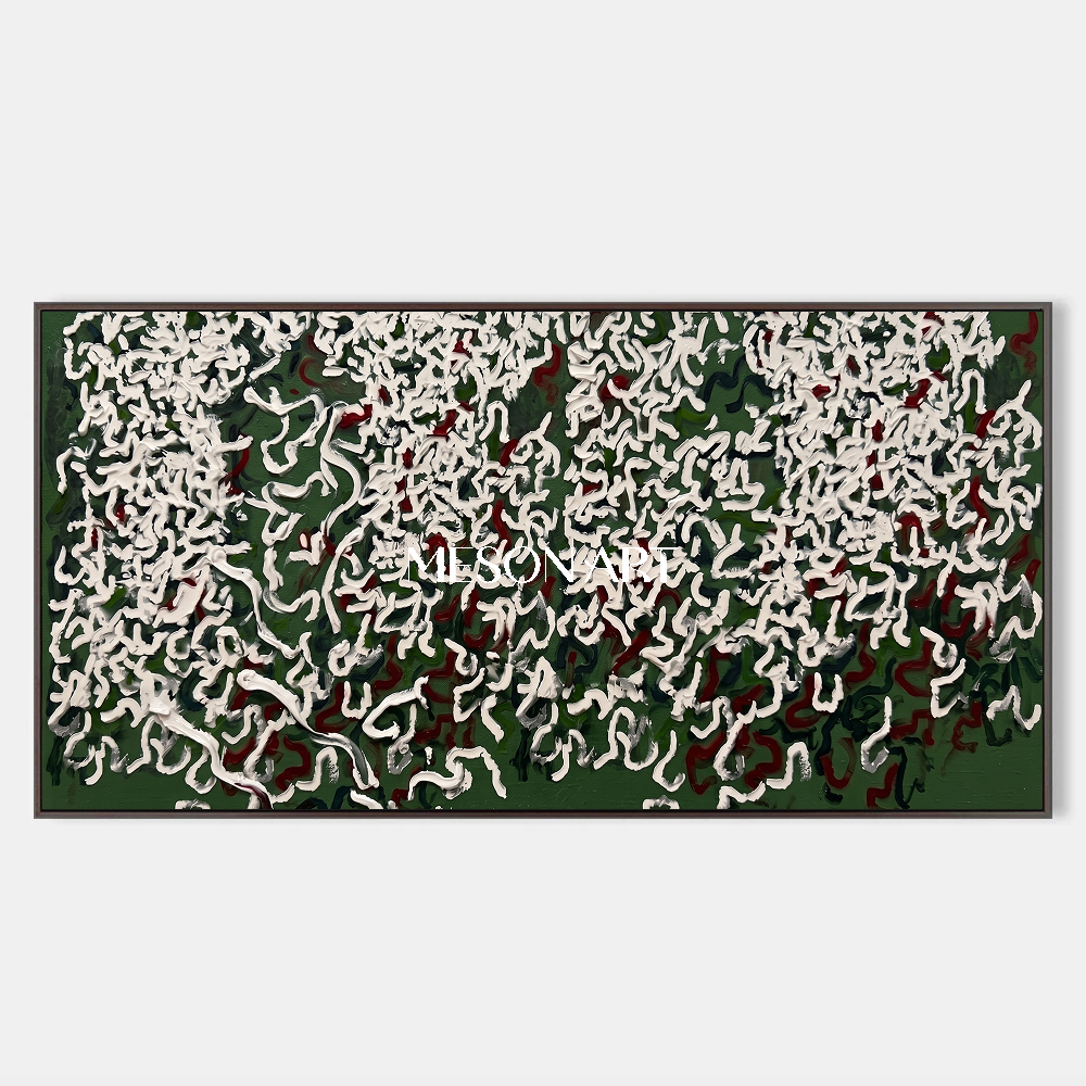 Green And White Abstract Art Impasto Palette Knife Forest Minimalist Contemporary Panoramic Wall Decor By Mesonart