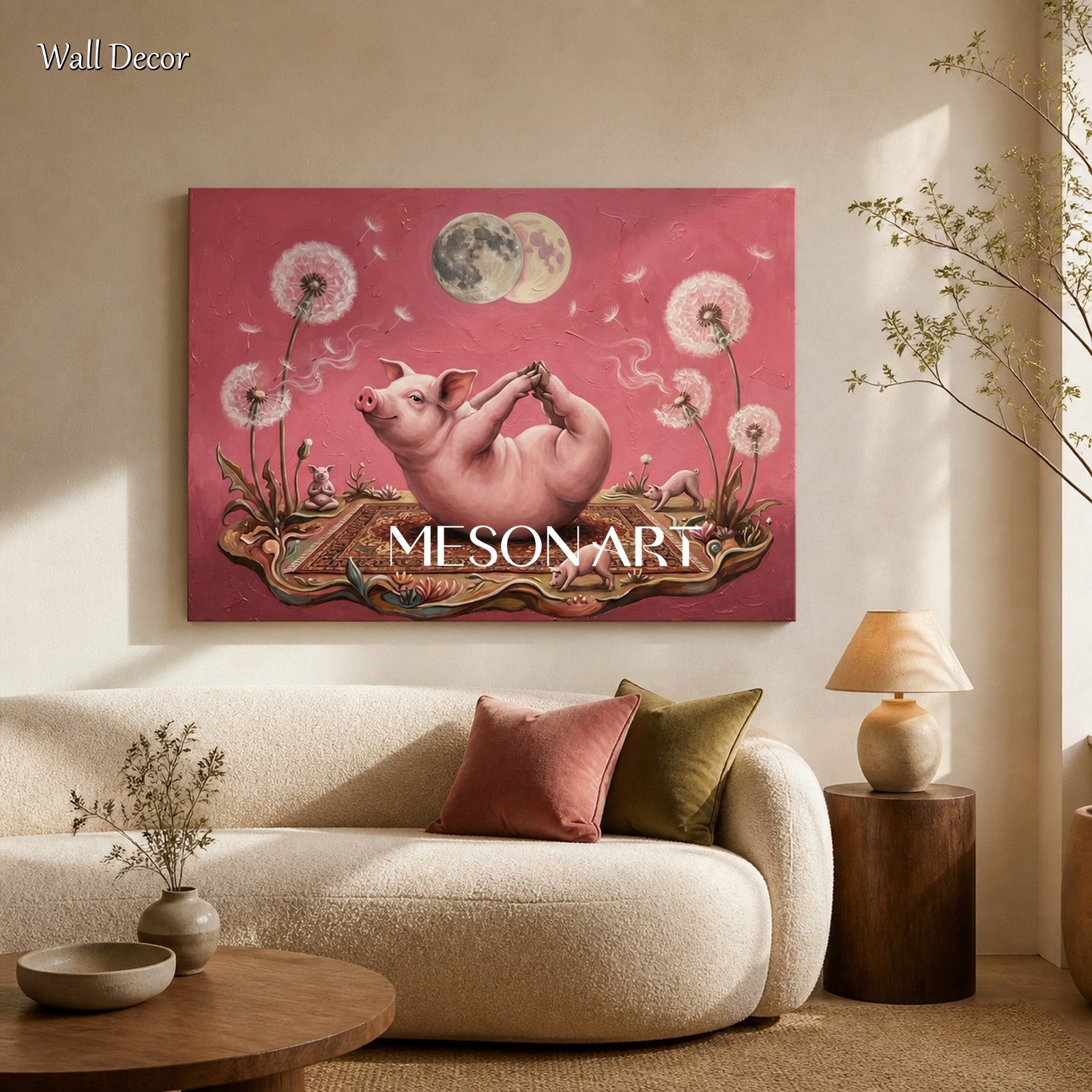 Pink And White Yoga Pig Surrealist Art Rectangular Wall Decor For Living Room By Mesonart