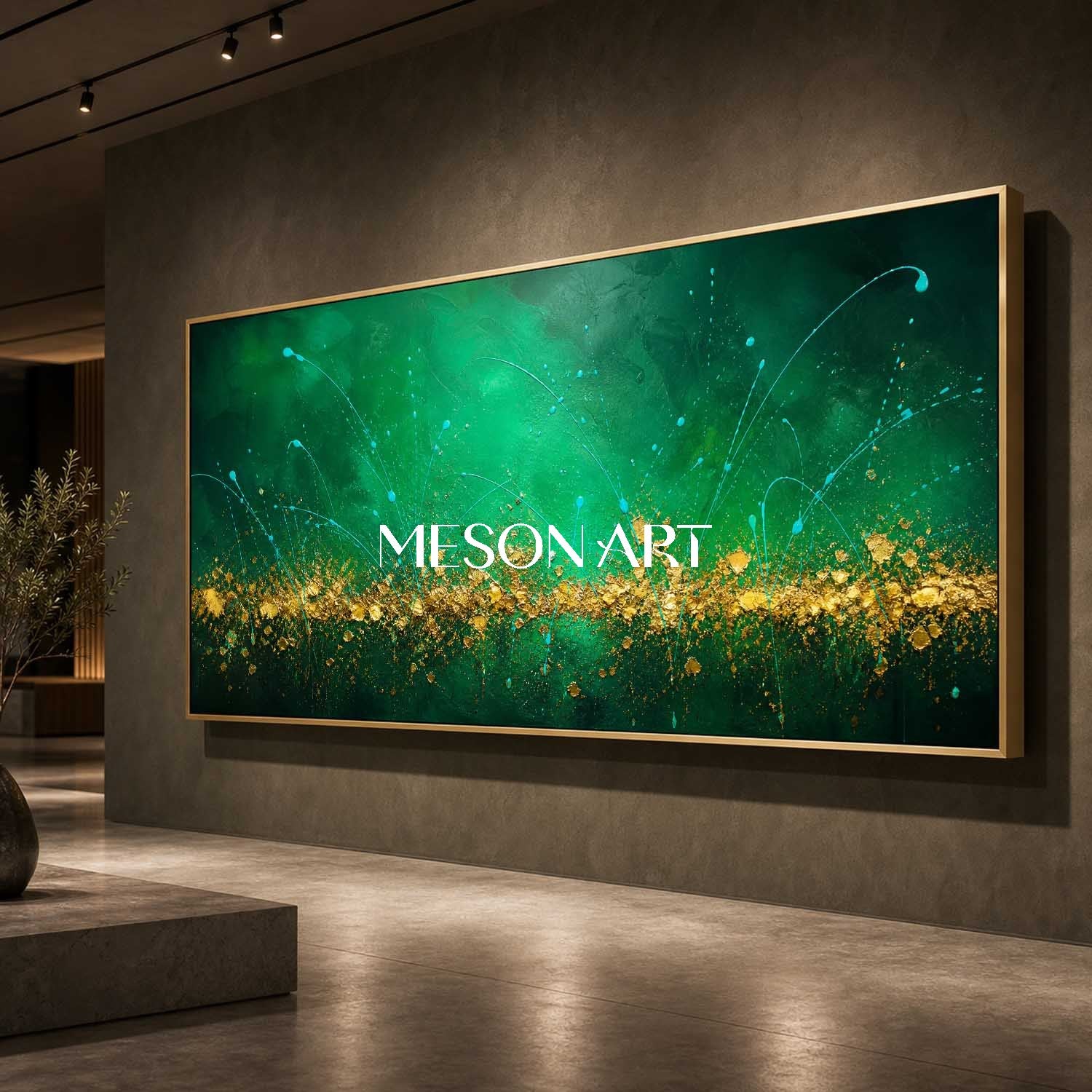 Large Emerald Green And Gold Abstract Painting On Canvas For Modern Living Room Decor