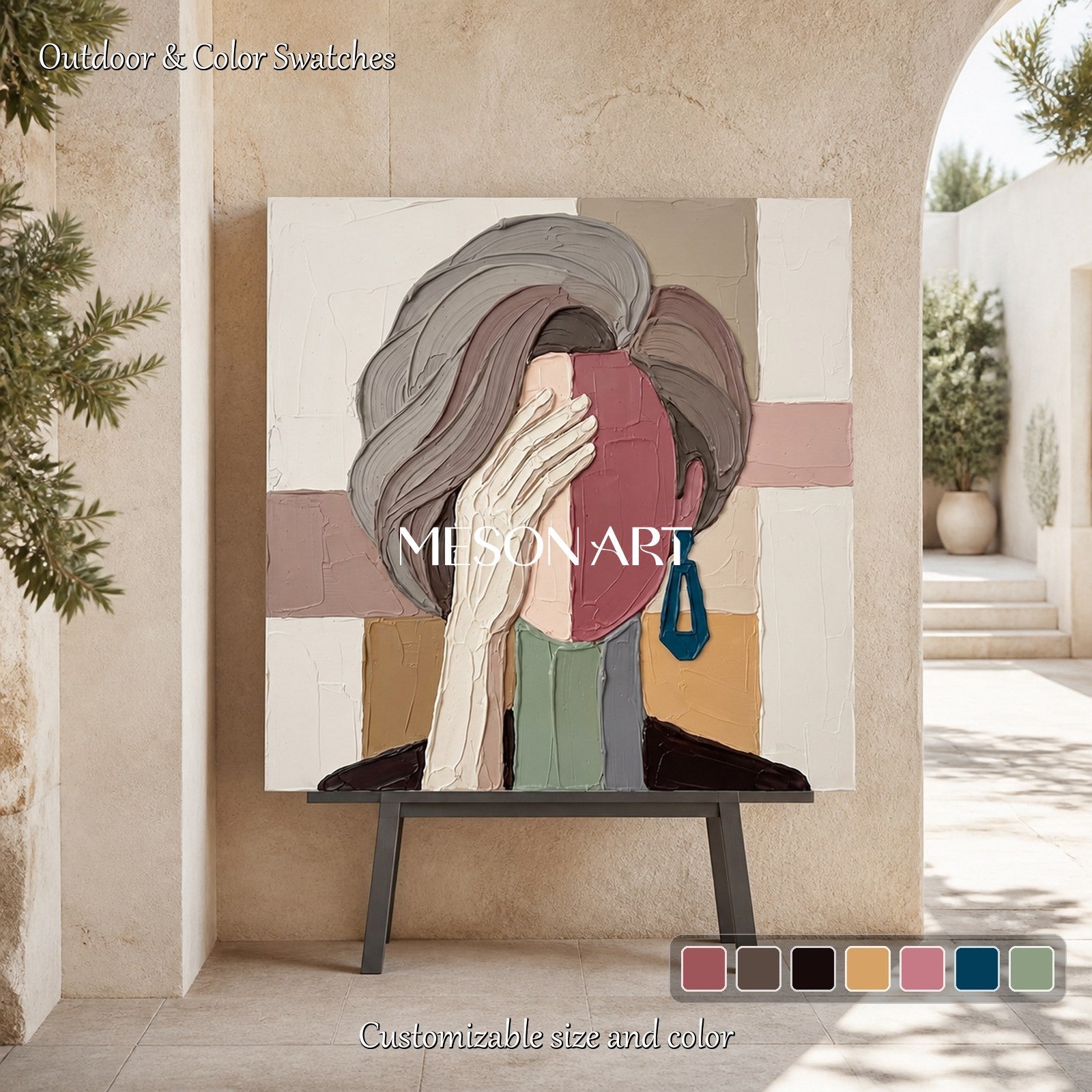 Beige And Gray Abstract Portrait Painting Square Wall Art For Living Room By Mesonart