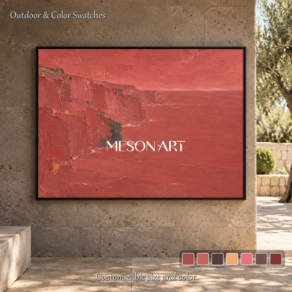Red And Brown Abstract Landscape Minimalist Art Rectangular Palette Knife Painting By Mesonart