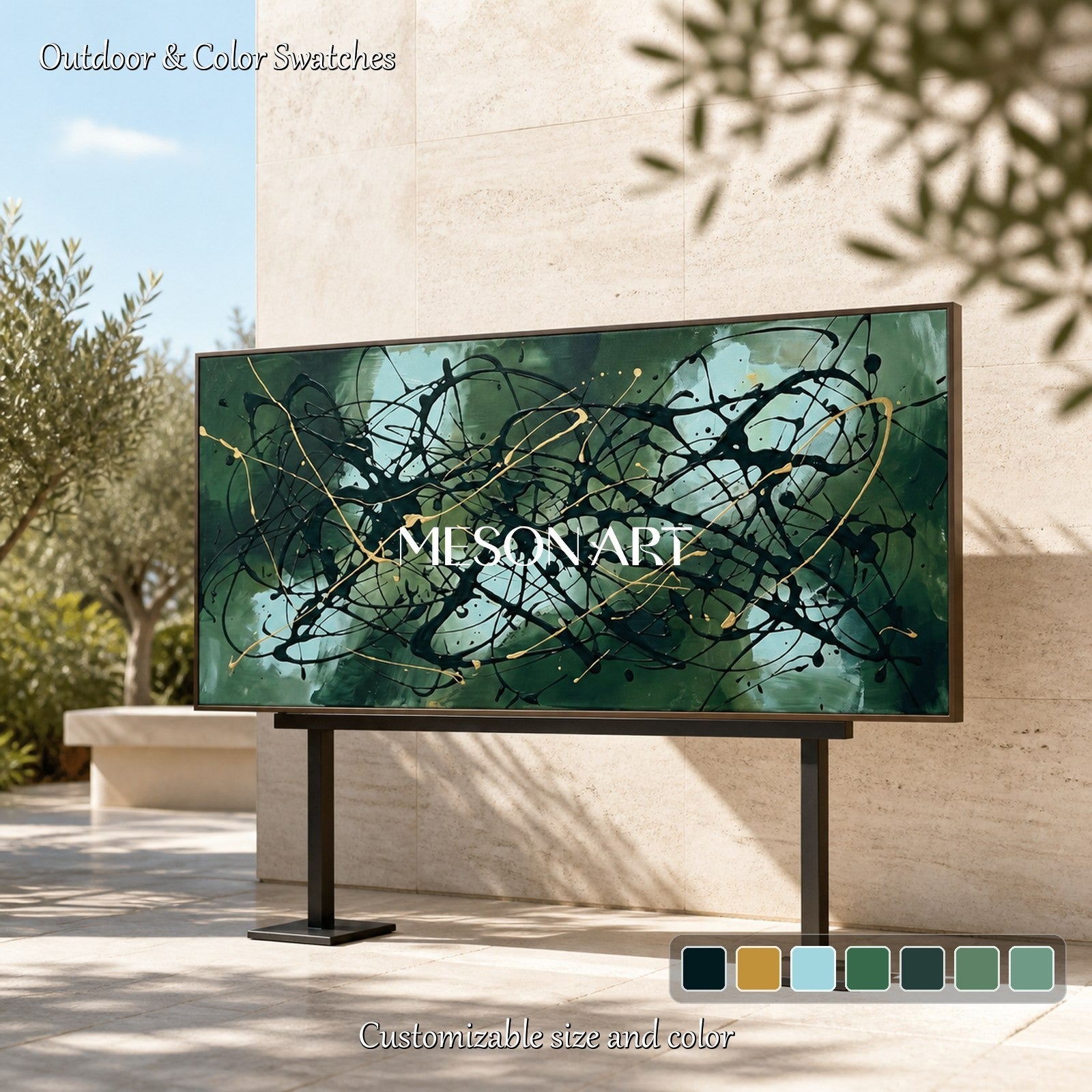 Green And Black Abstract Action Painting Inspired By Jackson Pollock Panoramic Wall Art For Living Room By Mesonart