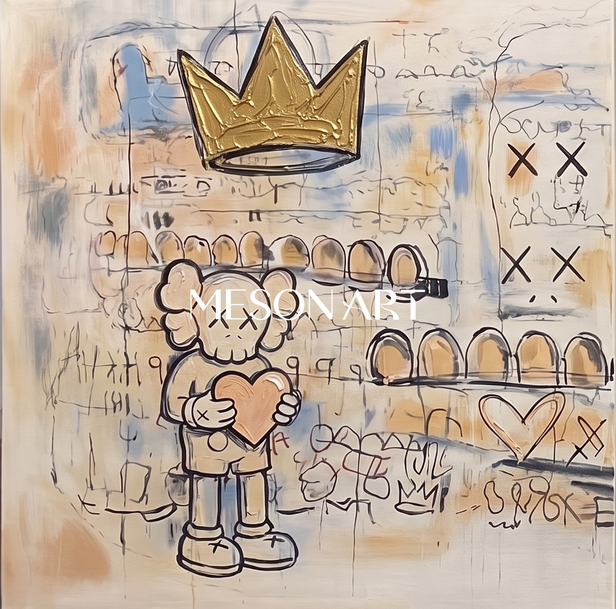 Urban Graffiti Wall Art With Crown And Heart Motifs For Modern Living Room Decor