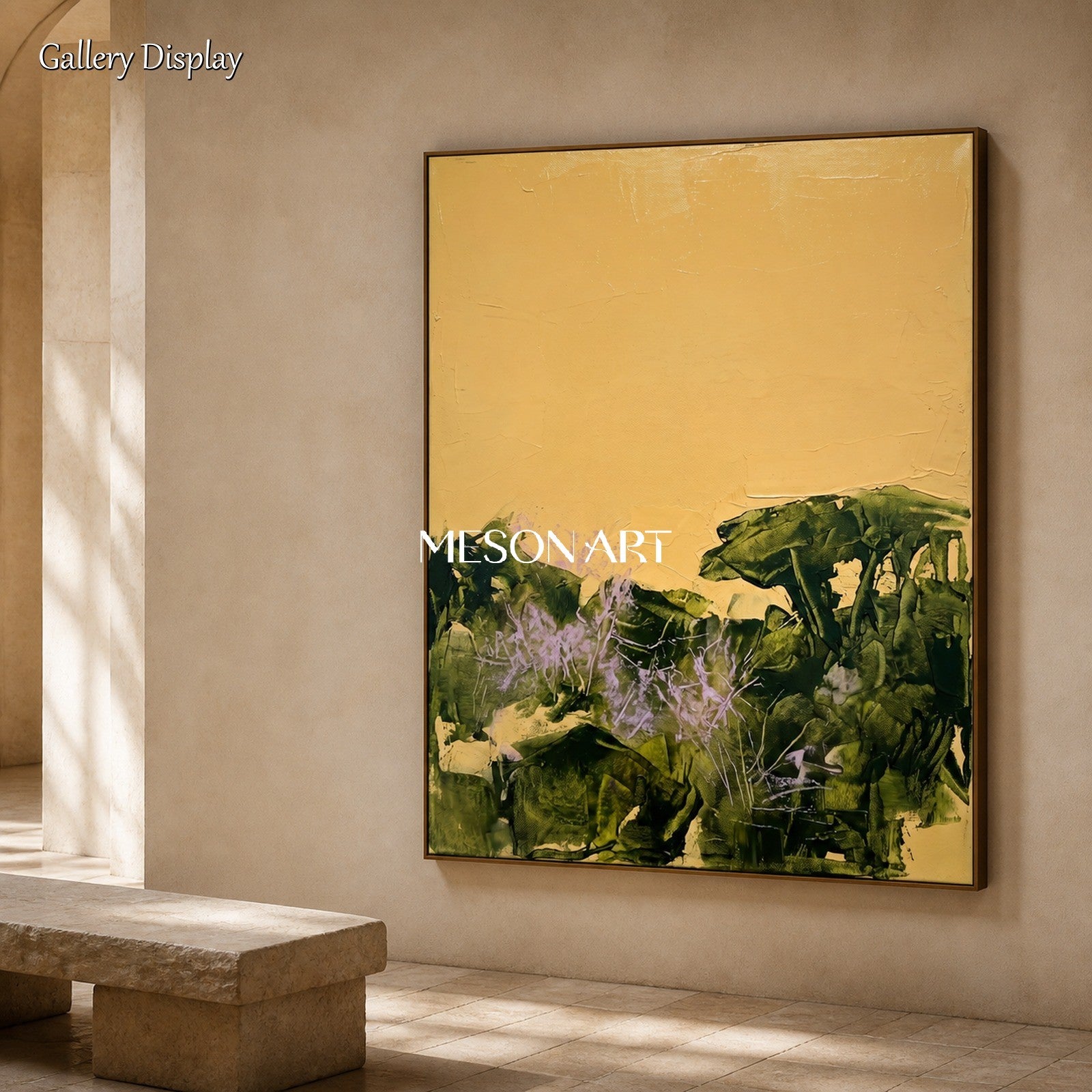 Gold And Green Abstract Expressionist Landscape Painting Rectangular Wall Art For Living Room By Mesonart