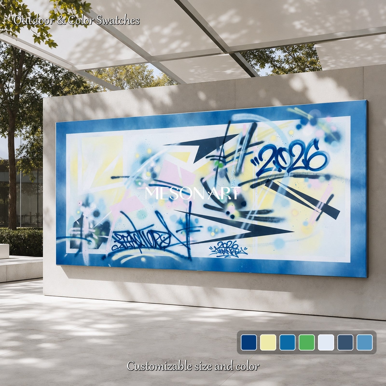 Blue And Yellow Graffiti Art Panoramic Wall Decor Original Artist Hand Painted By Mesonart