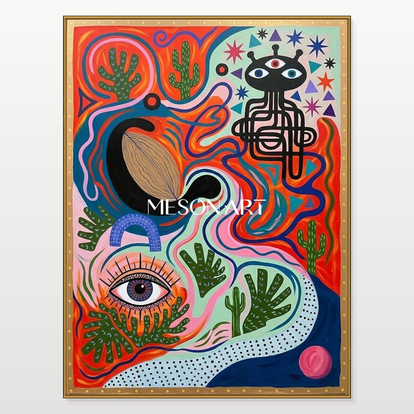 Surrealist Art Print With Mystical Eyes And Desert Cactus For Modern Living Room Decor
