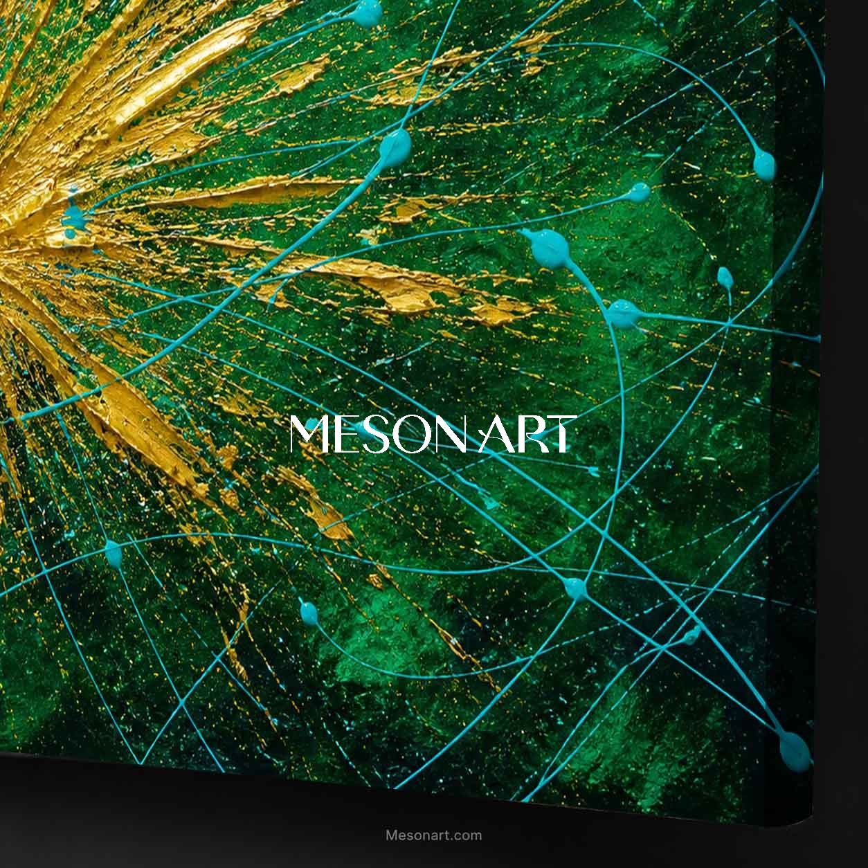 Abstract Gold And Green Explosion Art For Modern Living Room With Metallic Accents