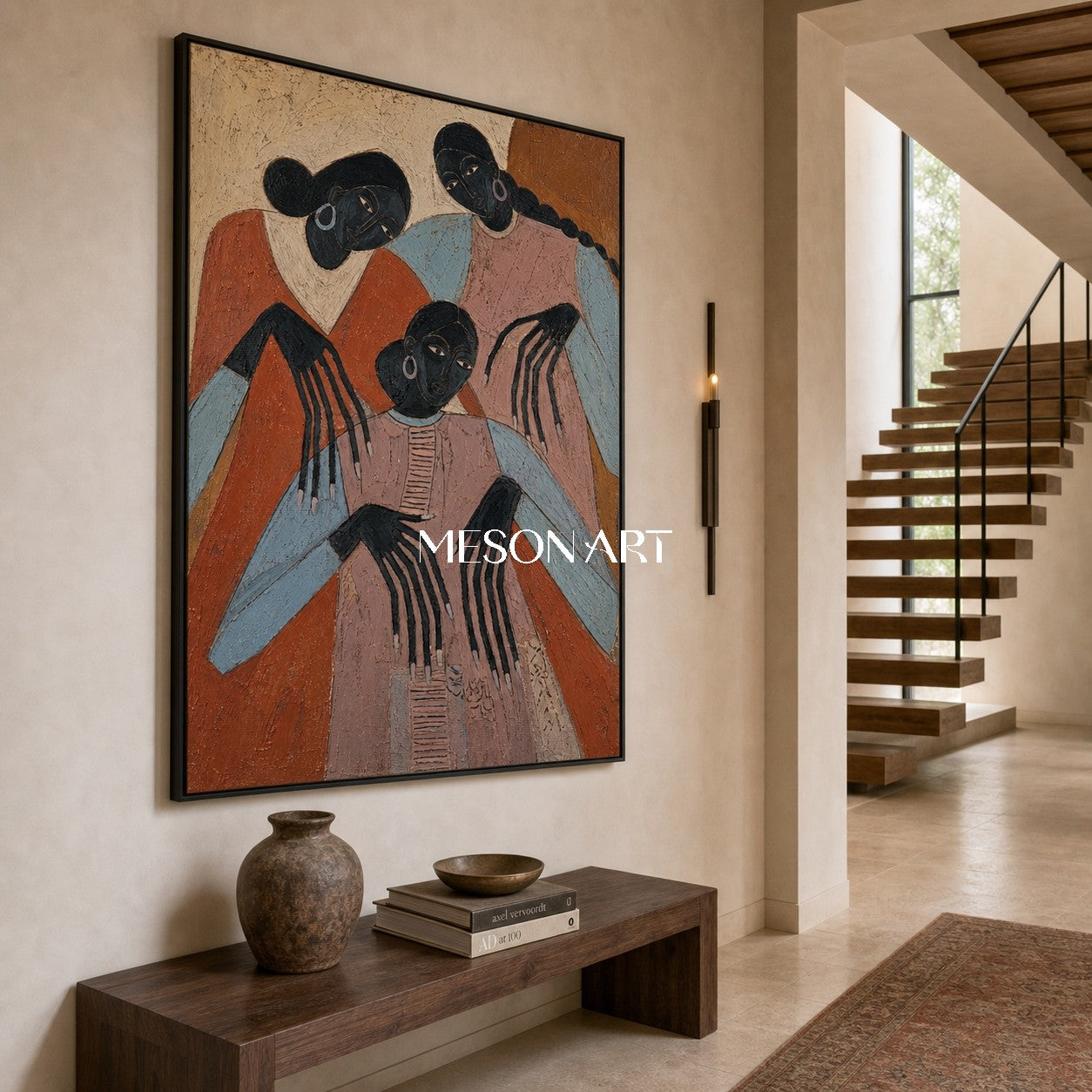 Original Expressionist Art Painting With Primitive Figures For Modern Living Room Decor