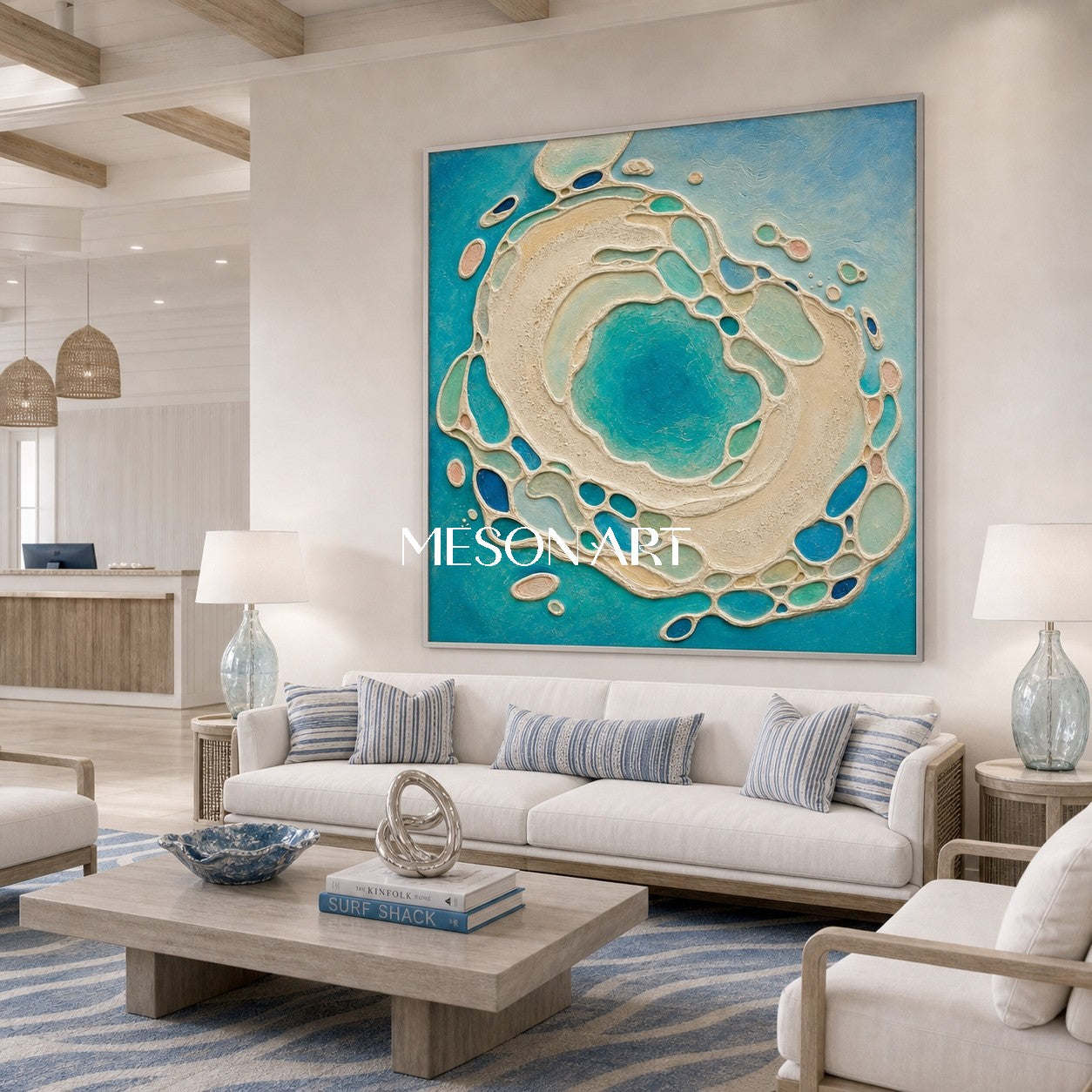 Sculptural Azure Lagoon Art With Plaster Texture For Coastal Living Room Decor